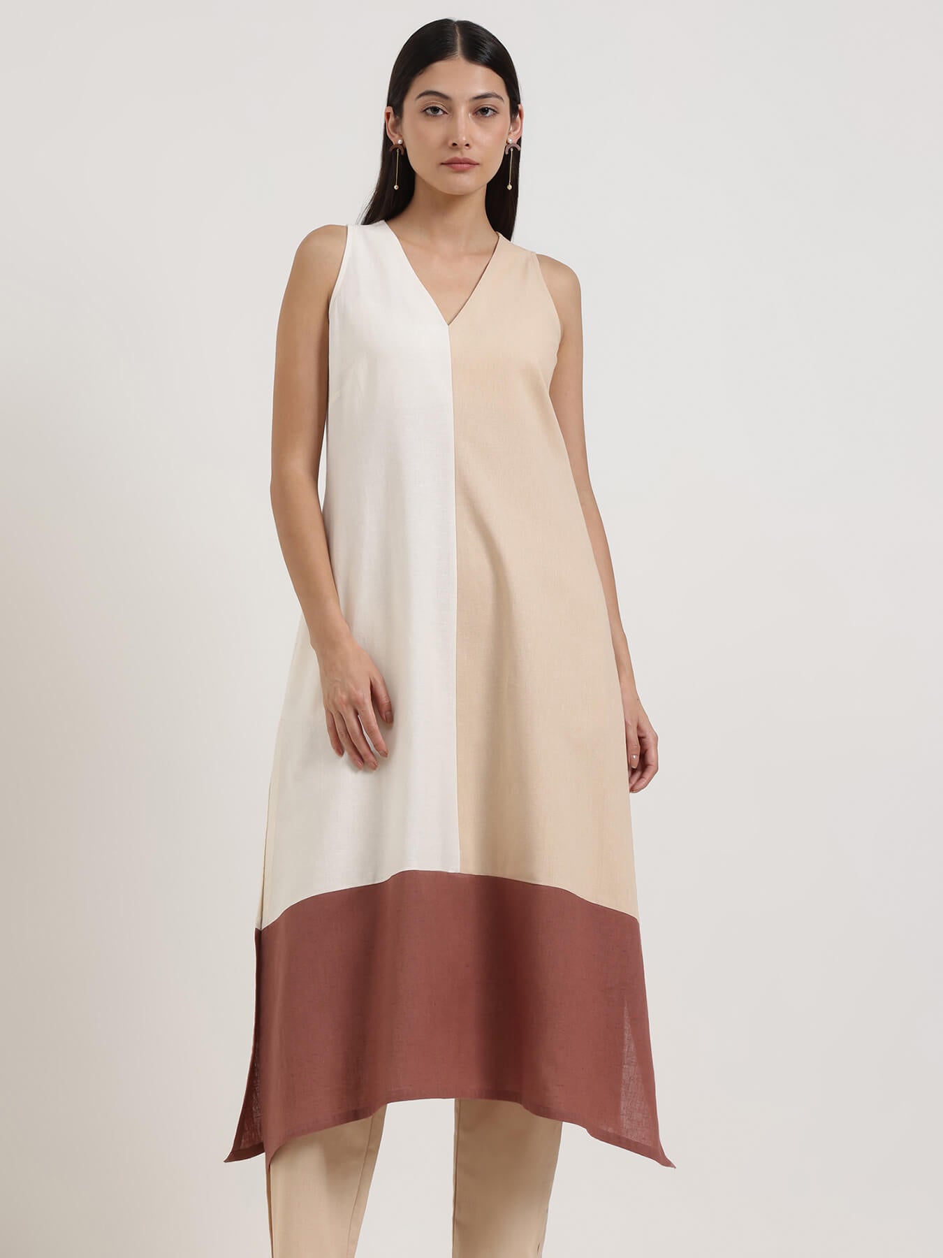 Linen Blend Colourblock Kurta Set - Beige and Bronze