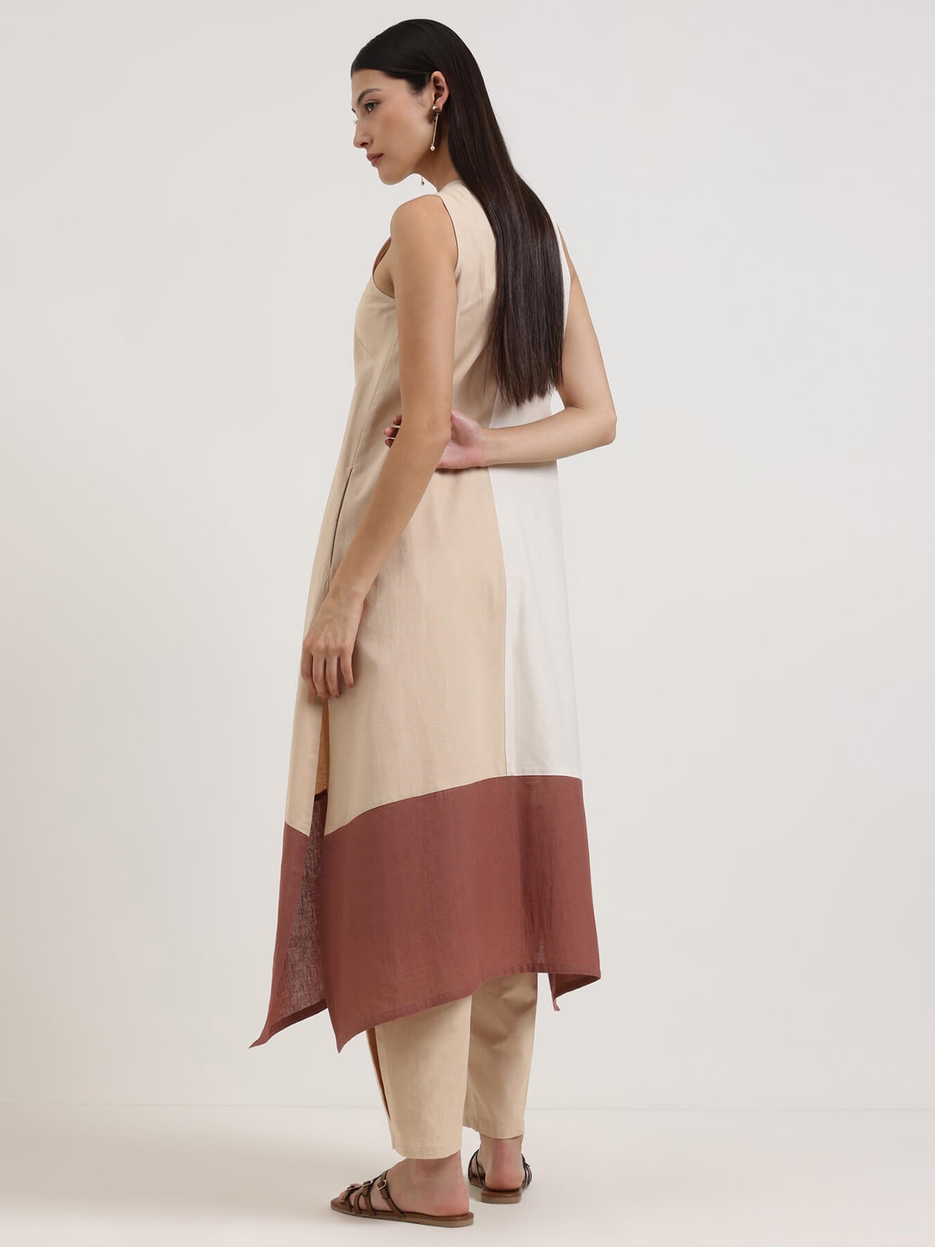 Linen Blend Colourblock Kurta Set - Beige and Bronze