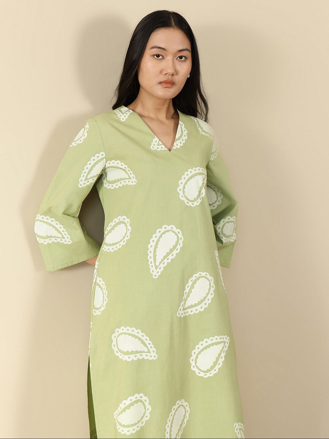 Cotton Paisley Straight Kurta Set - Green