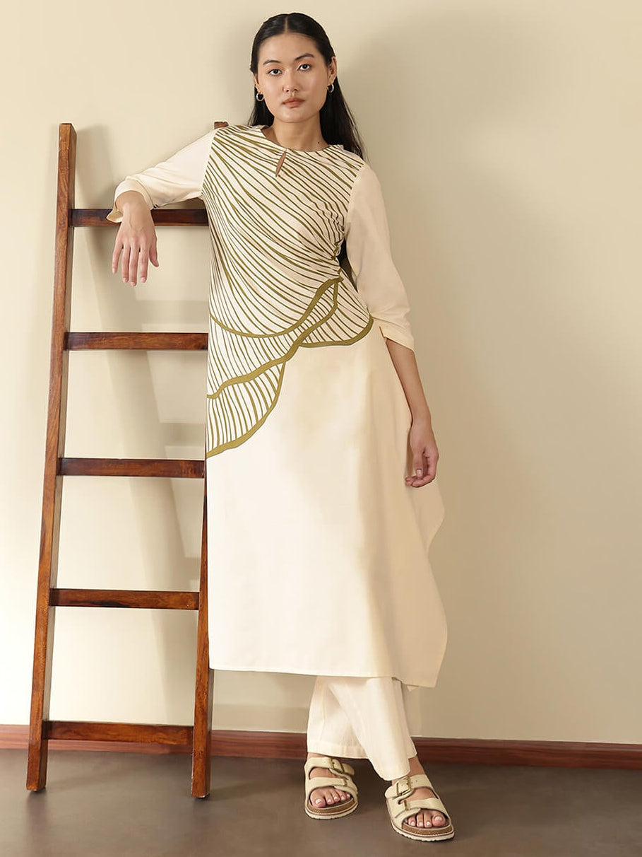 Cotton Abstract Placement Print Kurta Set - Off White