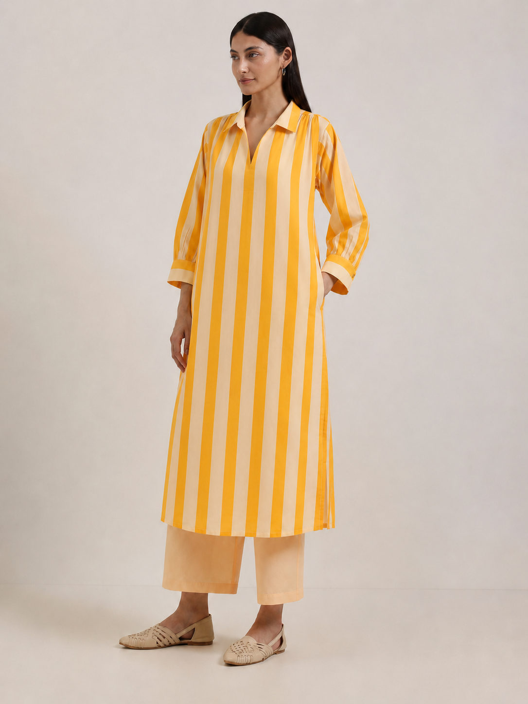 Cotton Striped Shirt Collar Kurta Set - Yellow