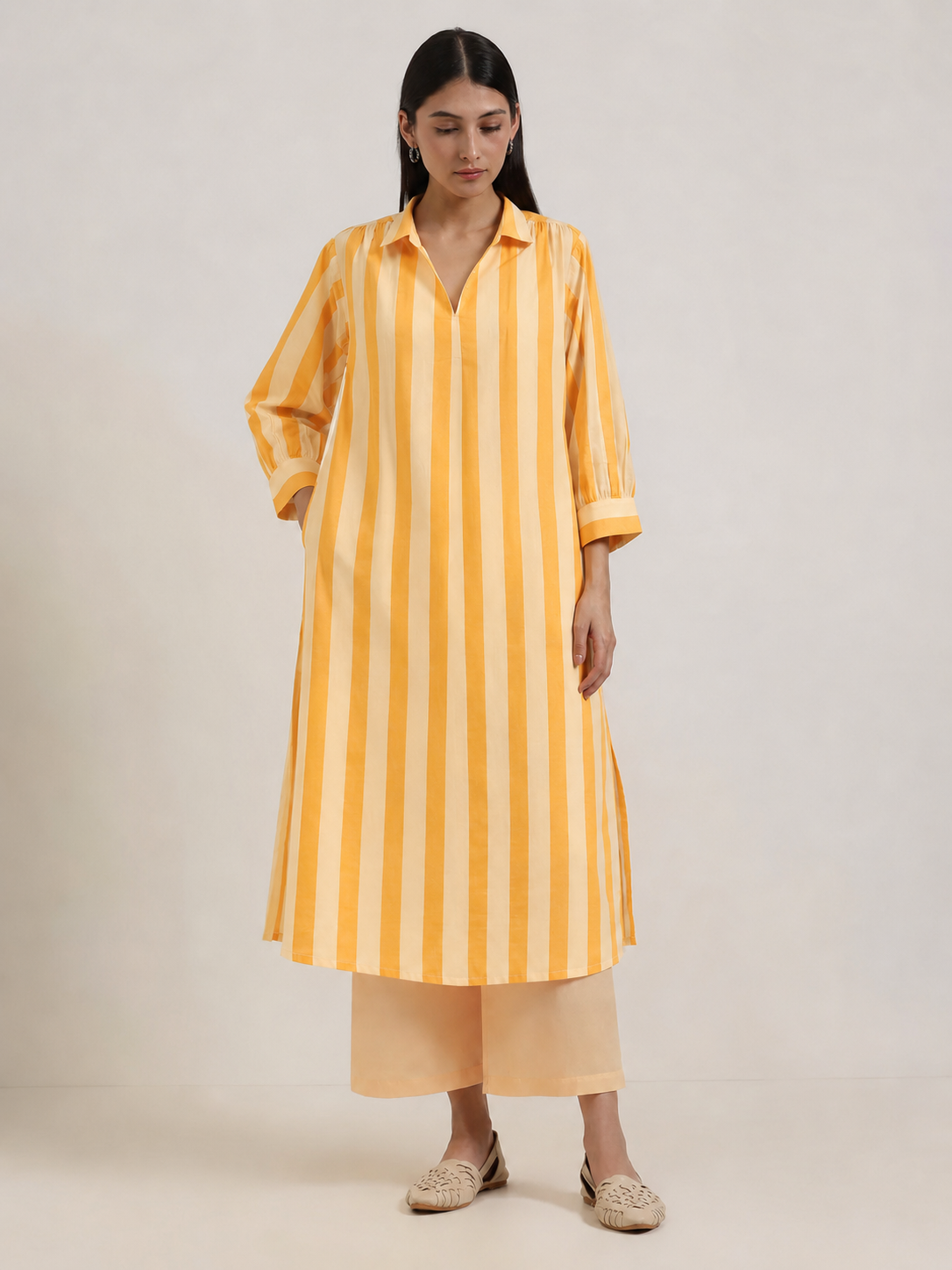 Cotton Striped Shirt Collar Kurta Set - Yellow