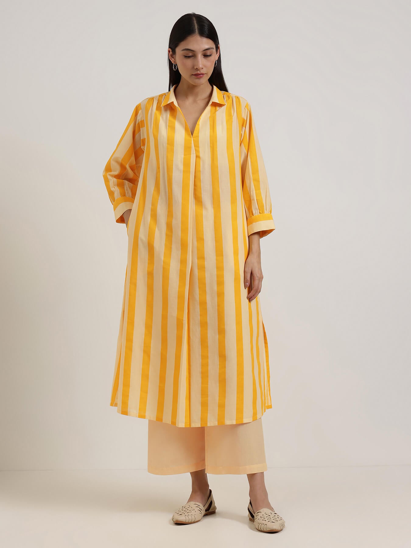 Cotton Striped Shirt Collar Kurta Set - Yellow