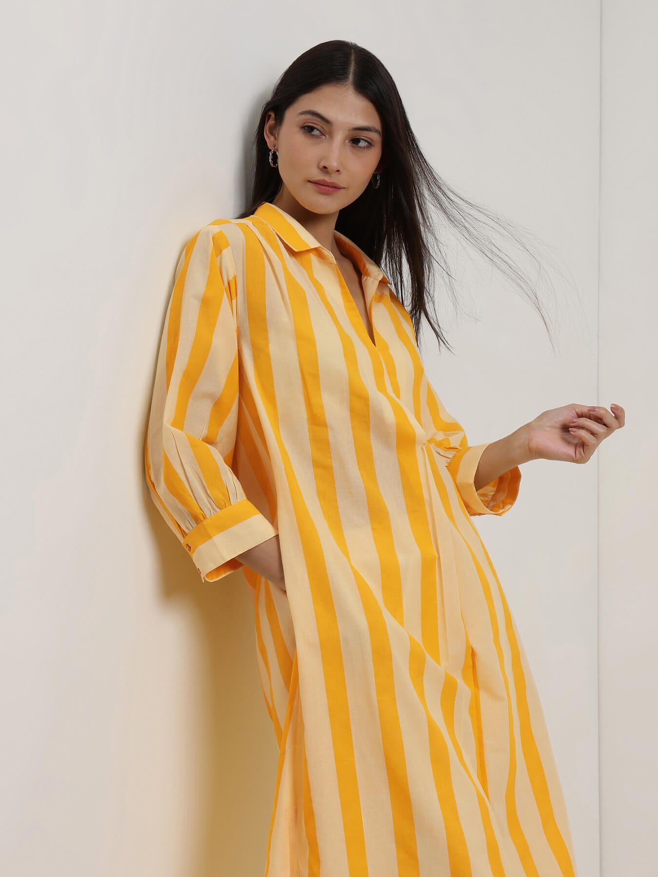 Cotton Striped Shirt Collar Kurta Set - Yellow