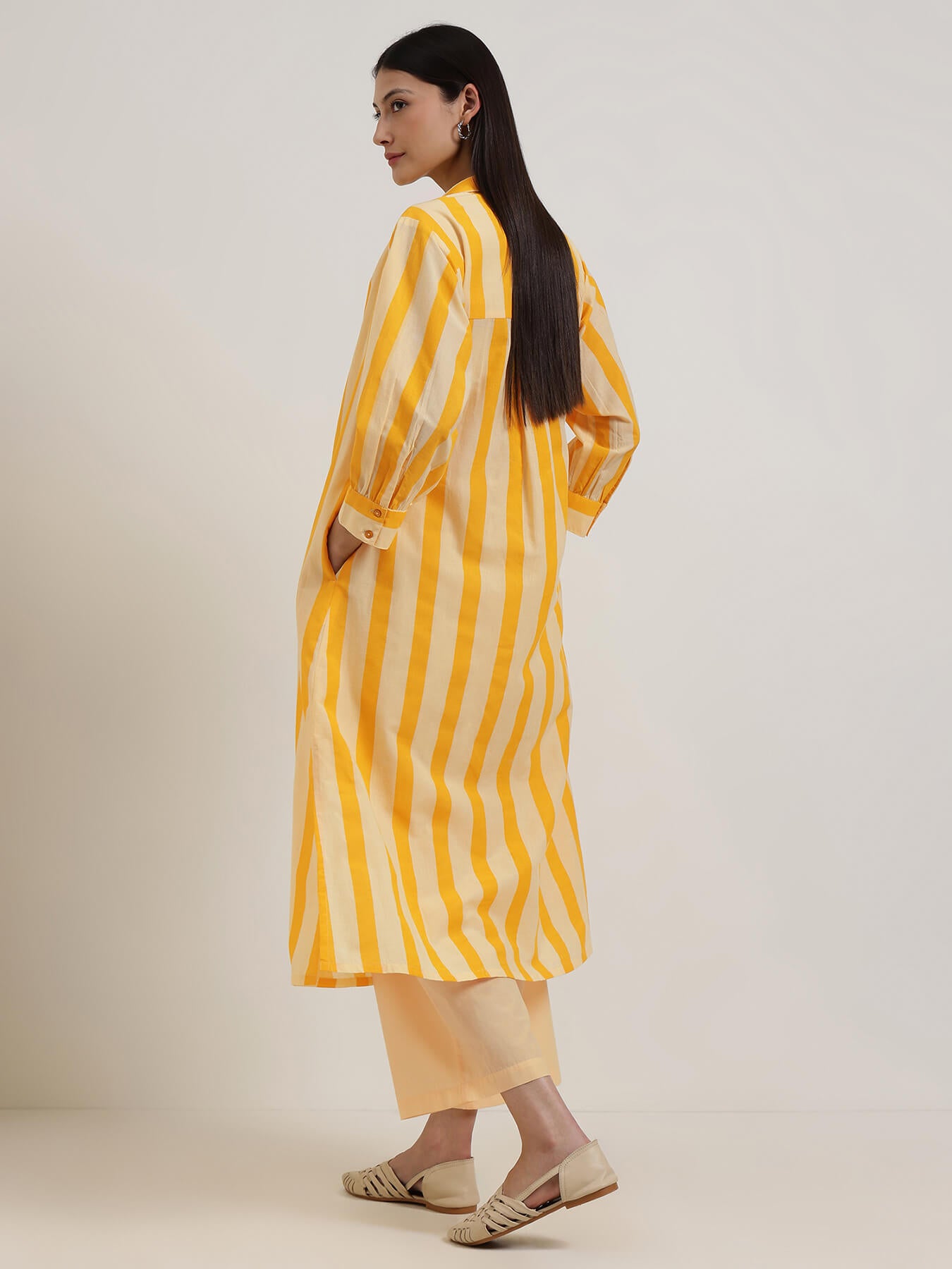 Cotton Striped Shirt Collar Kurta Set - Yellow