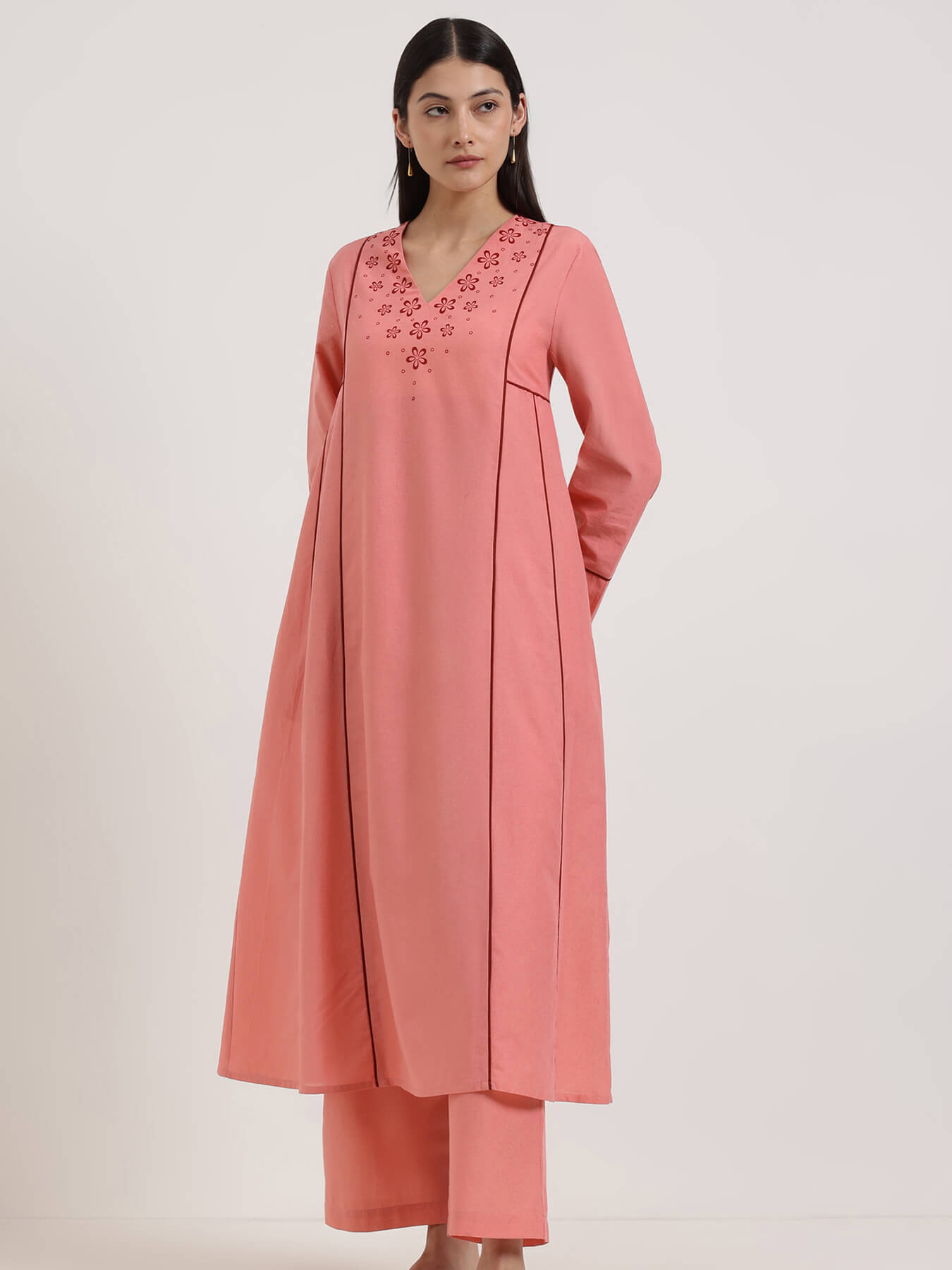 Cotton Floral A-Line Kurta Set - Peach
