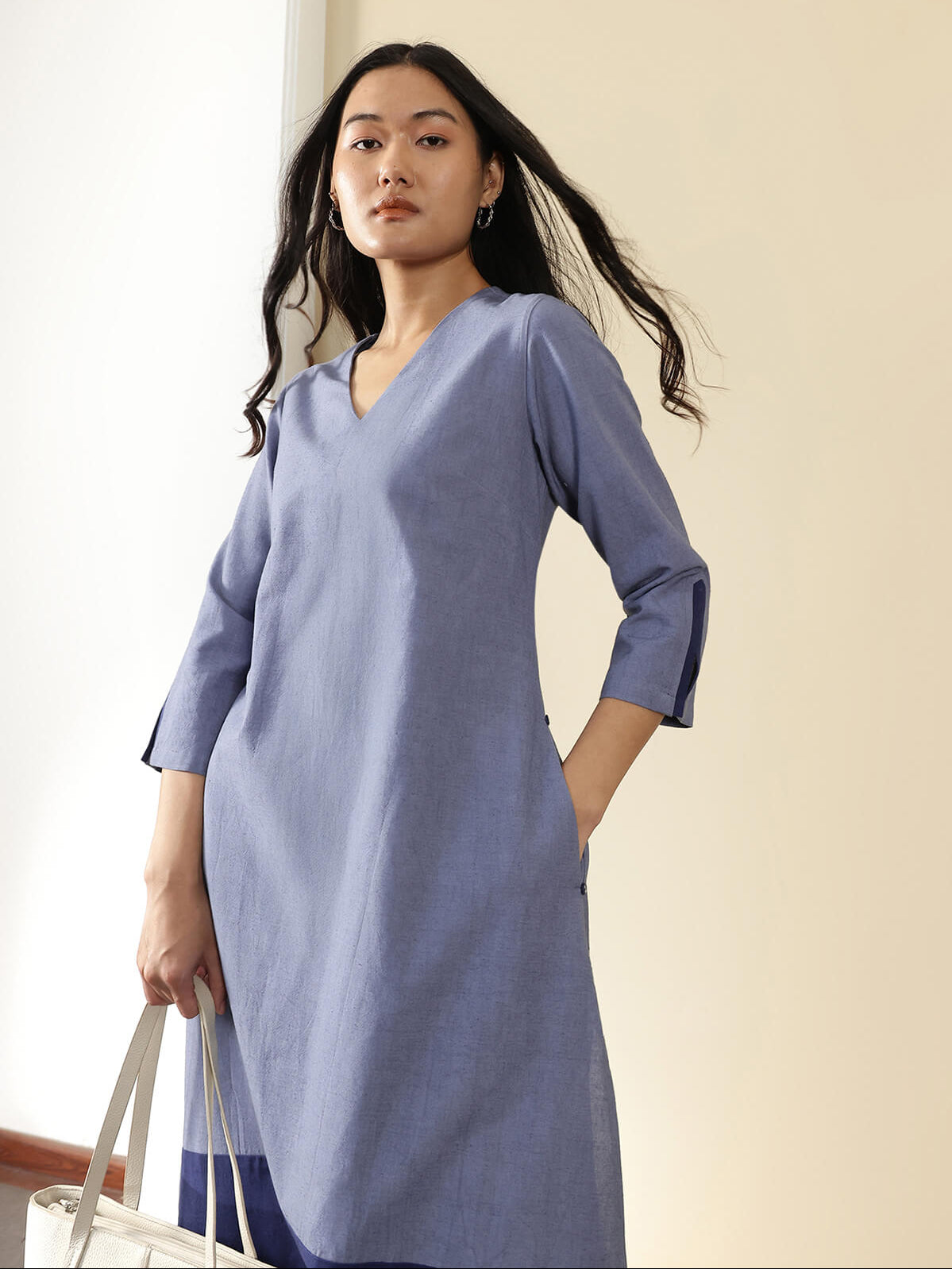 Linen Blend Colourblock A-Line Kurta Set - Blue