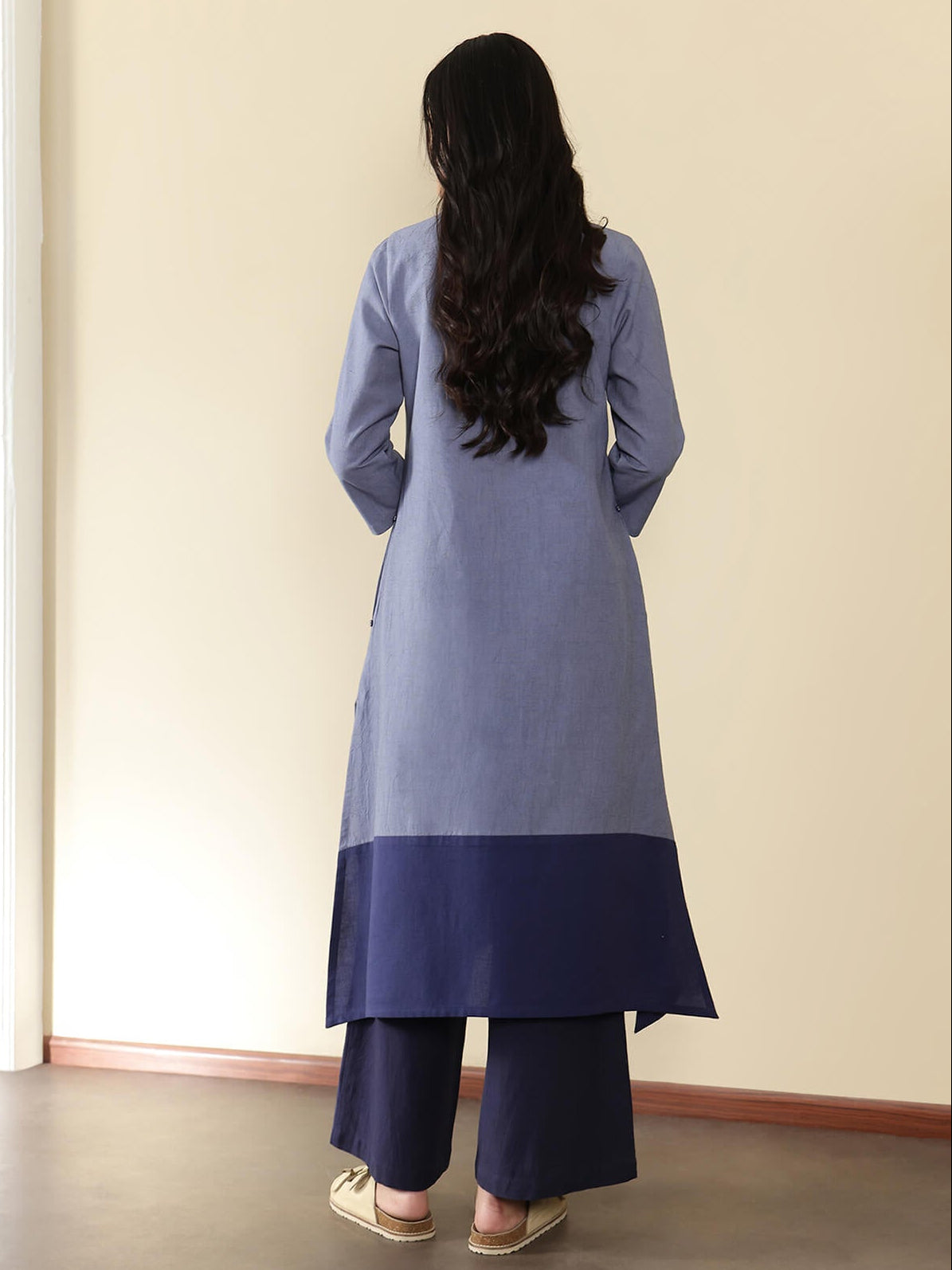 Linen Blend Colourblock A-Line Kurta Set - Blue