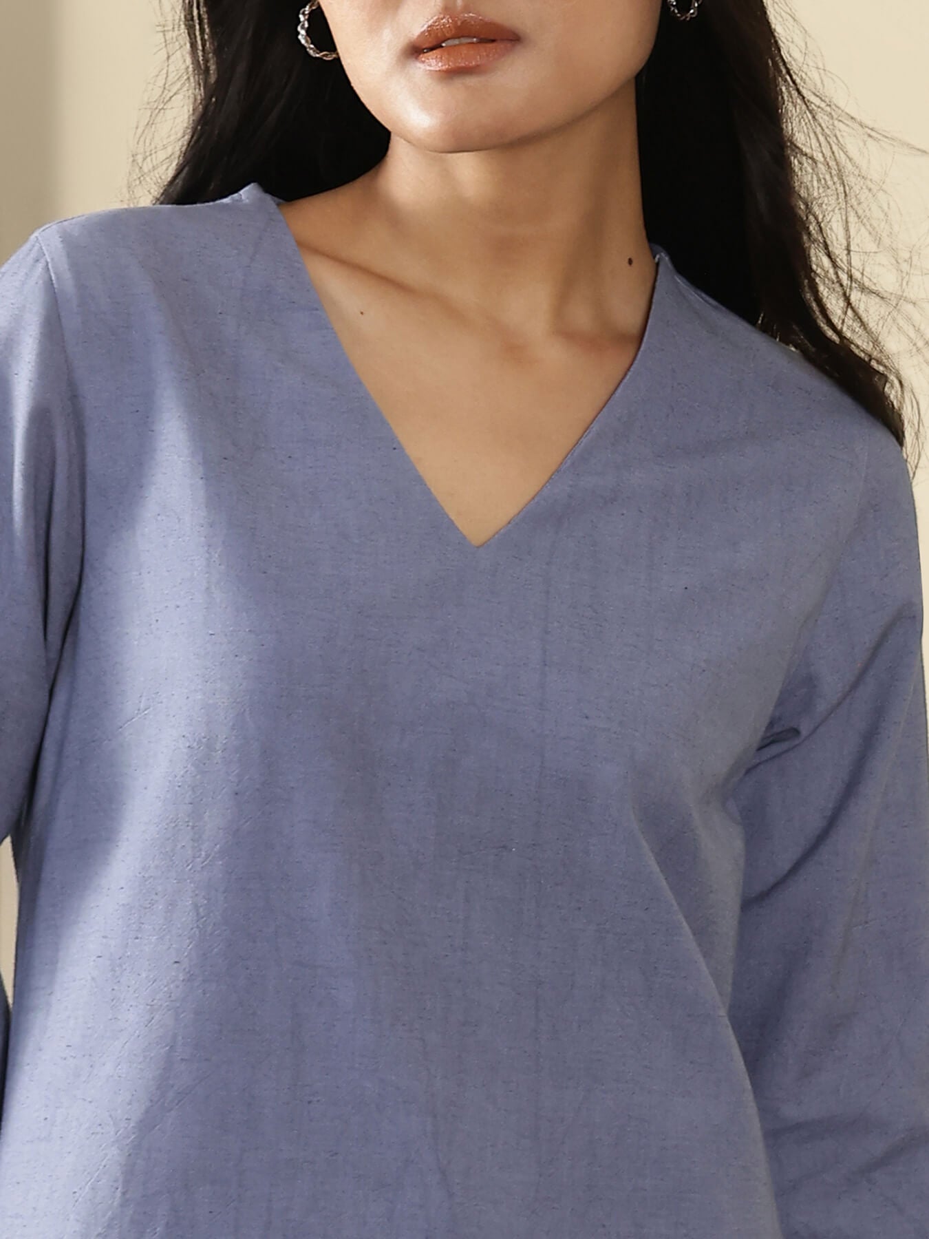 Linen Blend Colourblock A-Line Kurta Set - Blue