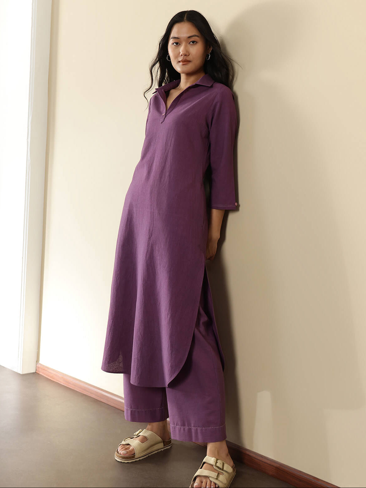 Linen Blend Solid A-Line Kurta Set - Purple
