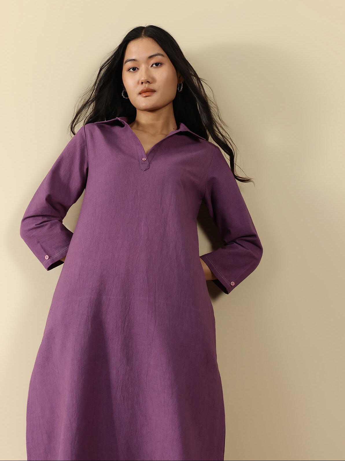 Linen Blend Solid A-Line Kurta Set - Purple