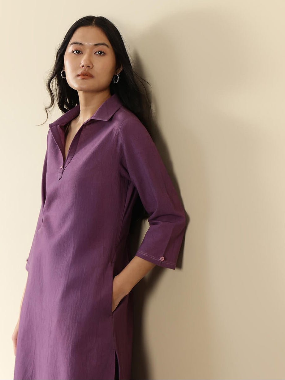 Linen Blend Solid A-Line Kurta Set - Purple