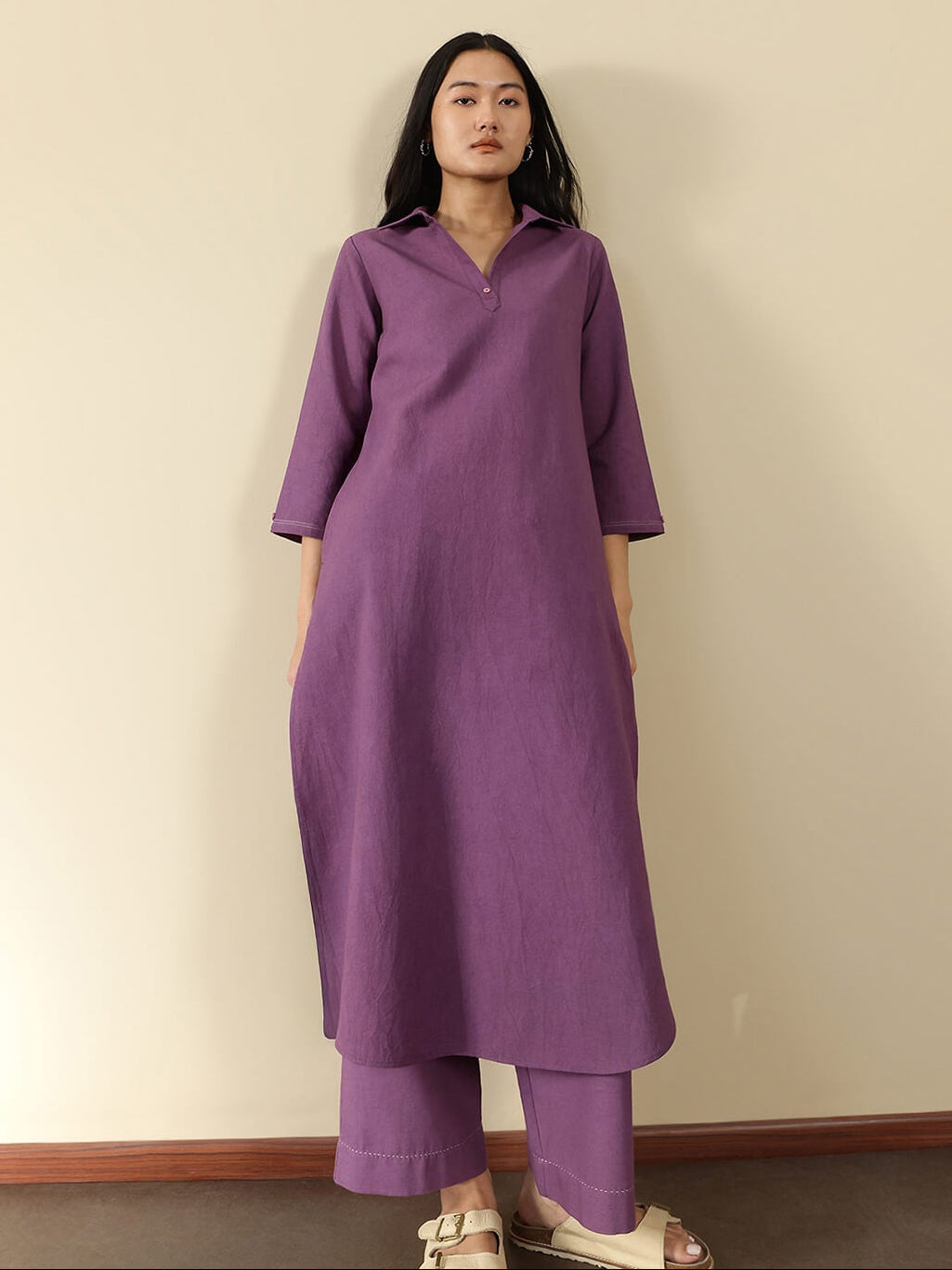 Linen Blend Solid A-Line Kurta Set - Purple