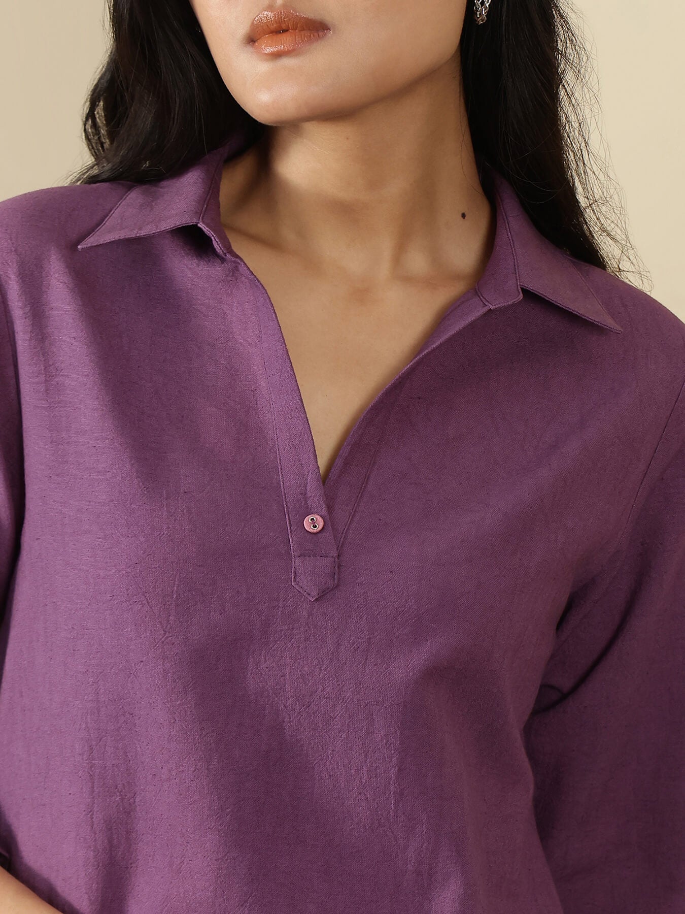 Linen Blend Solid A-Line Kurta Set - Purple