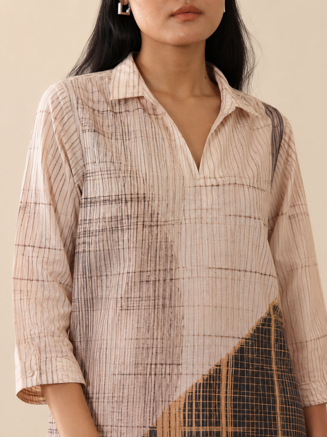Cotton Striped Shirt Collar Kurta Set - Beige and Mustard