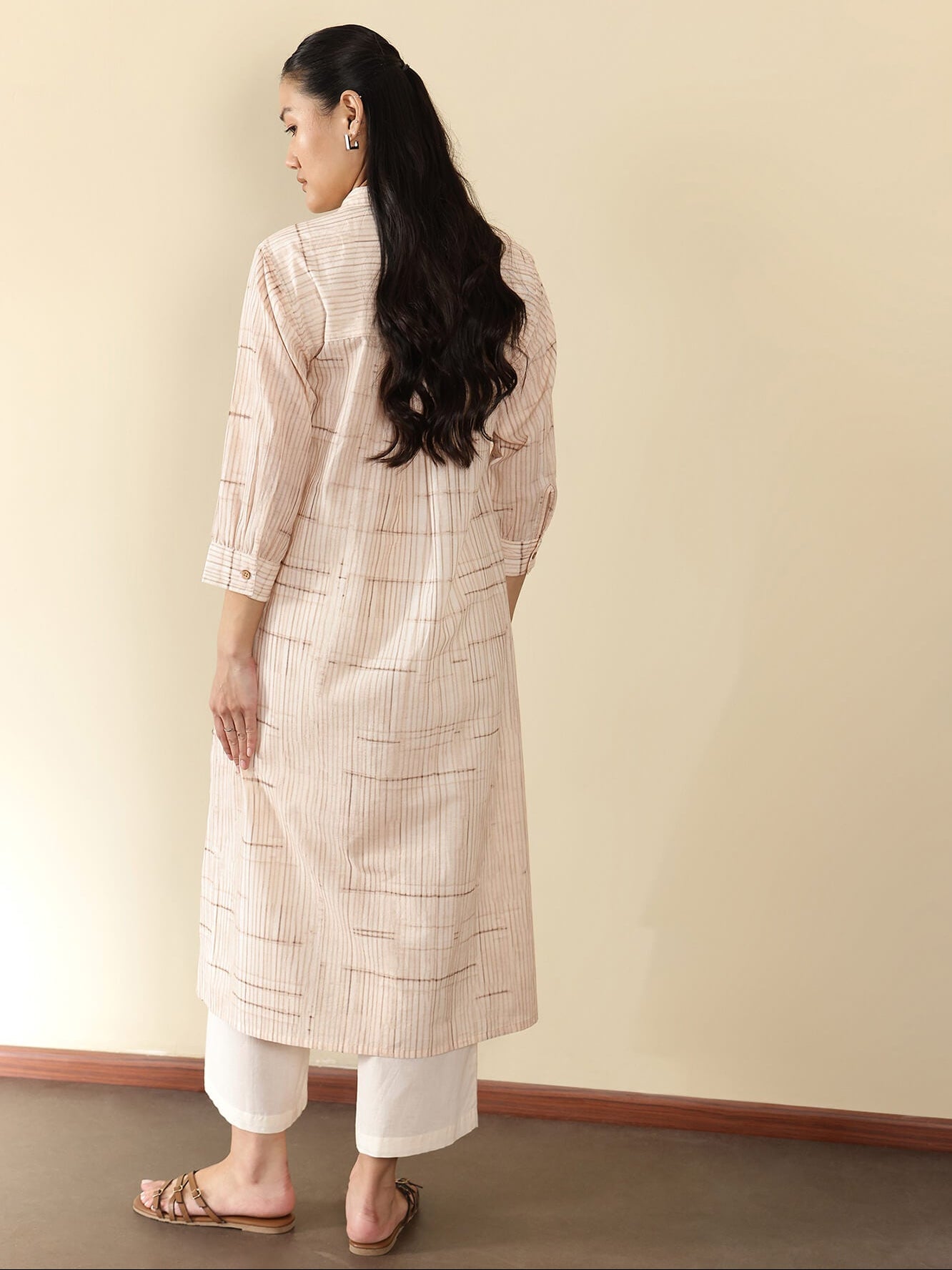 Cotton Striped Shirt Collar Kurta Set - Beige and Mustard