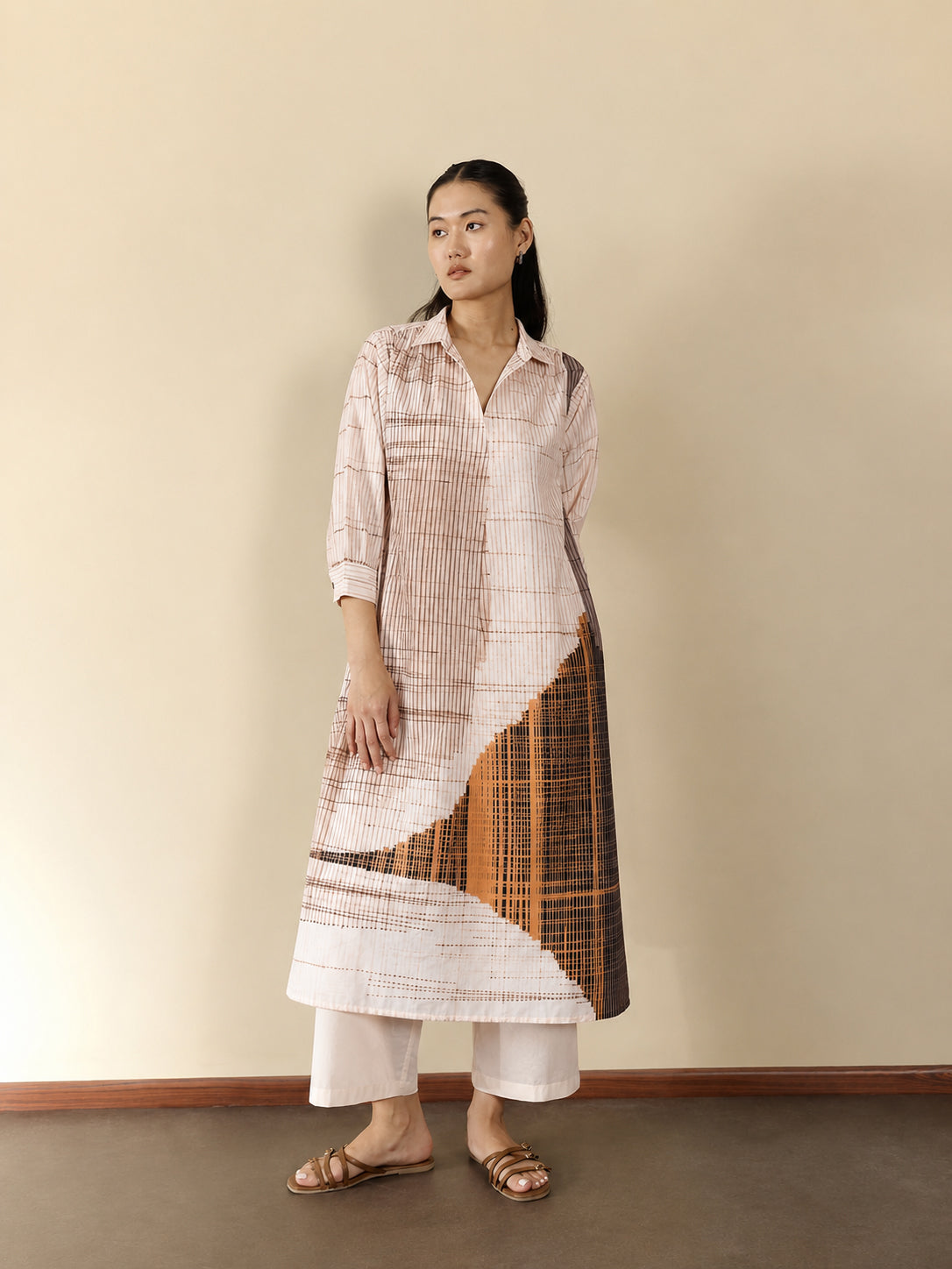 Cotton Striped Shirt Collar Kurta Set - Beige and Mustard