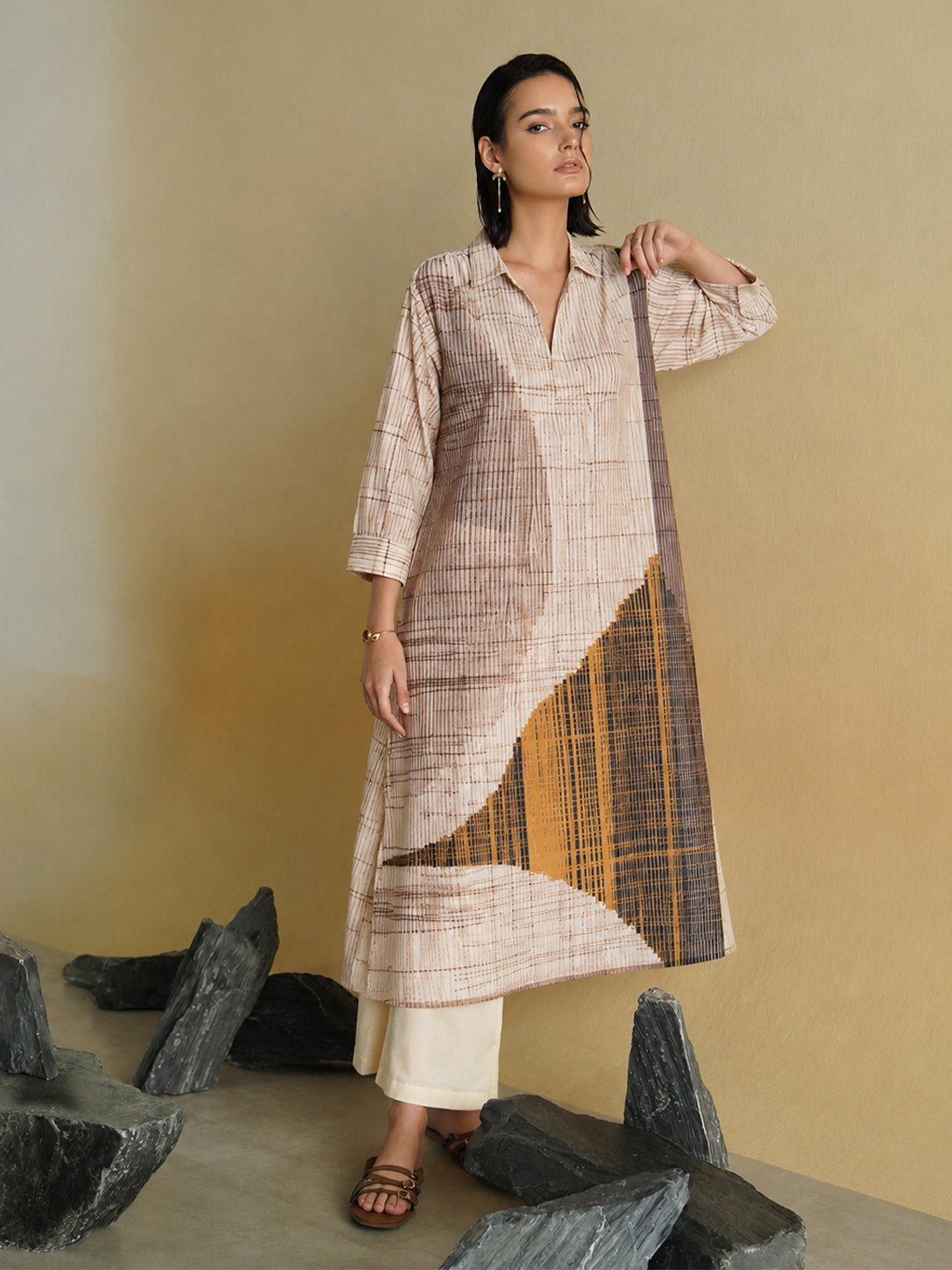 Cotton Striped Shirt Collar Kurta Set - Beige and Mustard