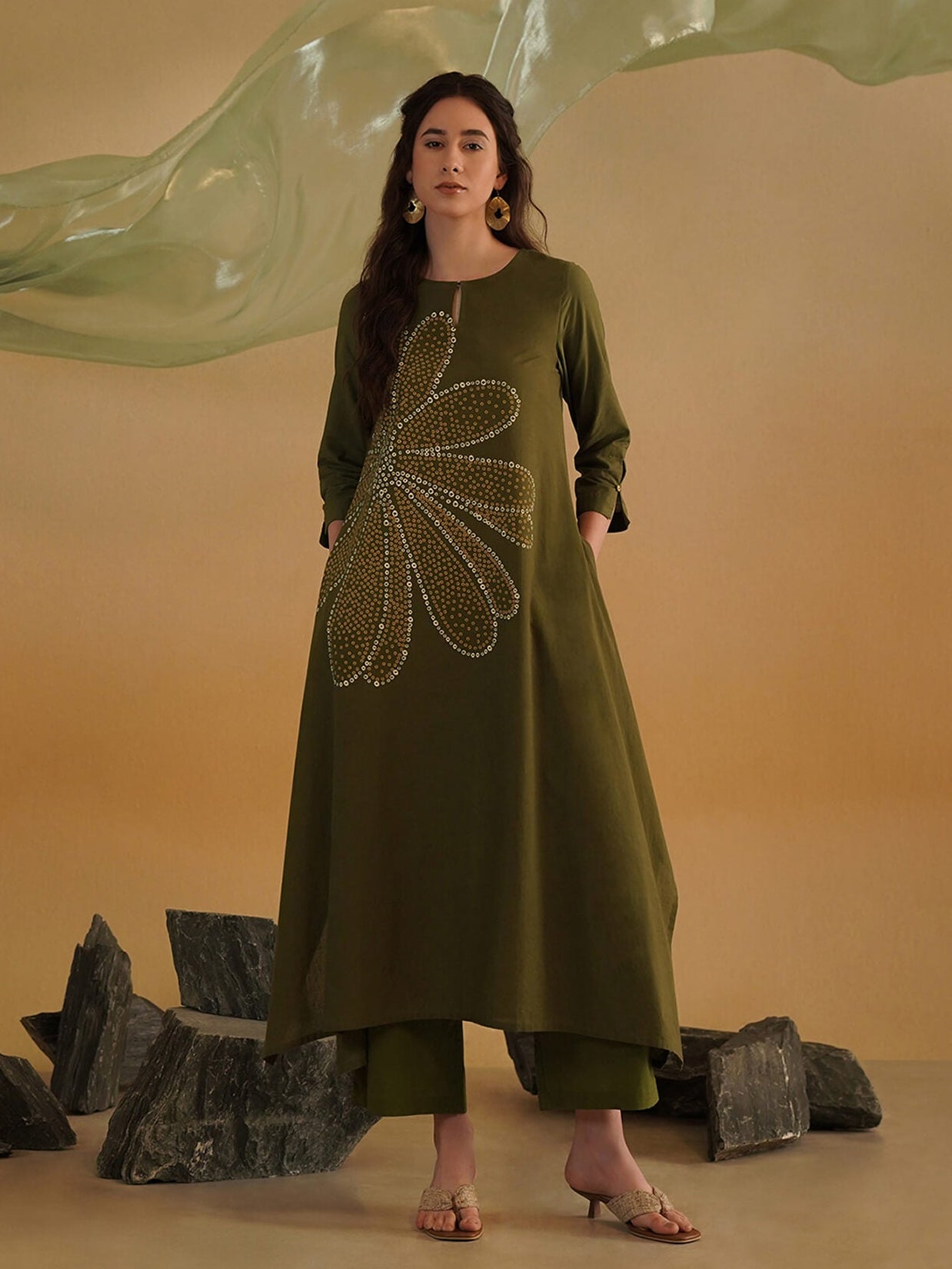 Cotton Bandhani-Inspired Print Kurta Set - Olive