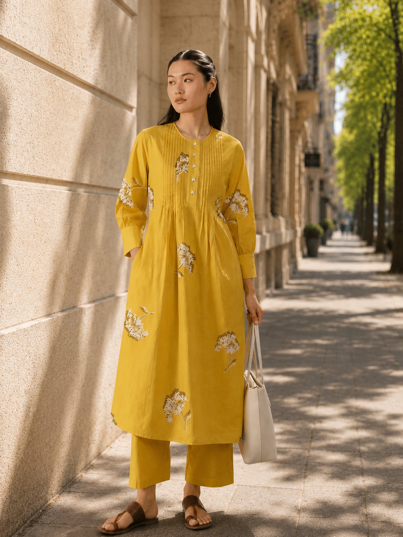 Cotton Floral A-Line Kurta Set - Yellow