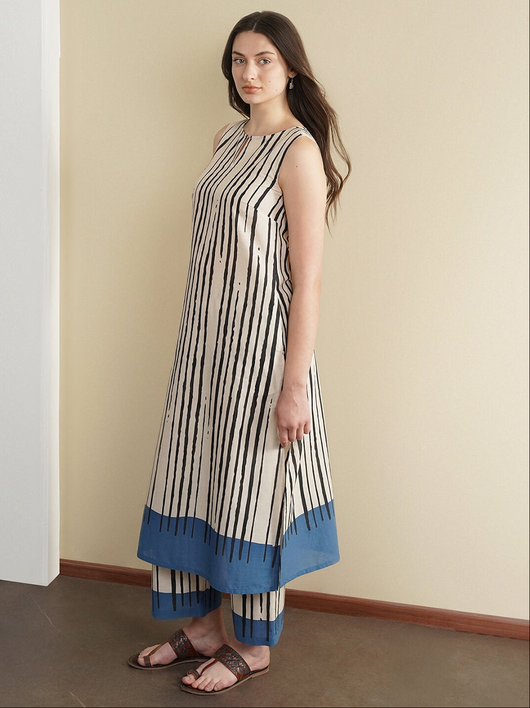 Cotton Striped Boat Neck Kurta Set - Off White