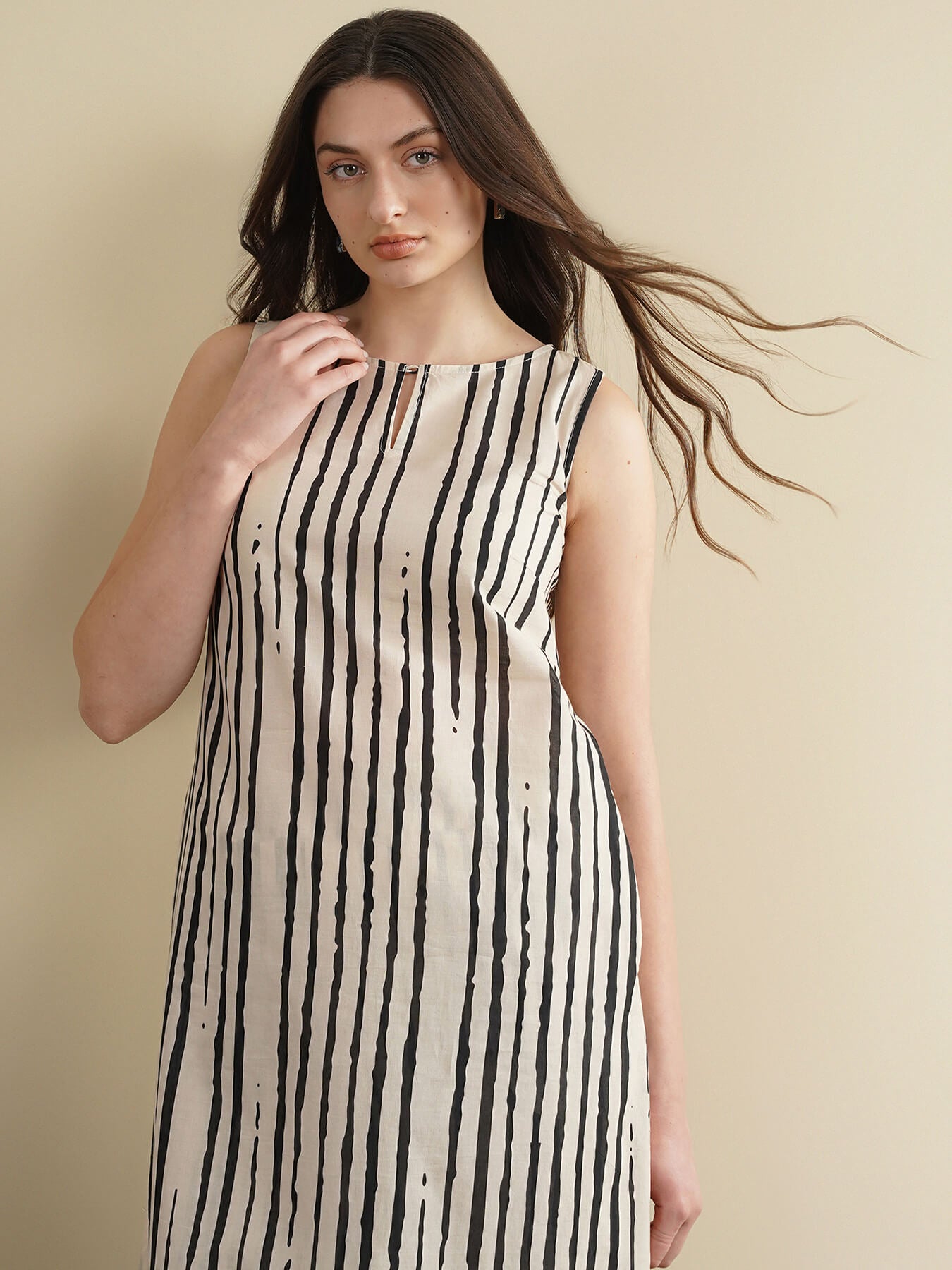 Cotton Striped Boat Neck Kurta Set - Off White