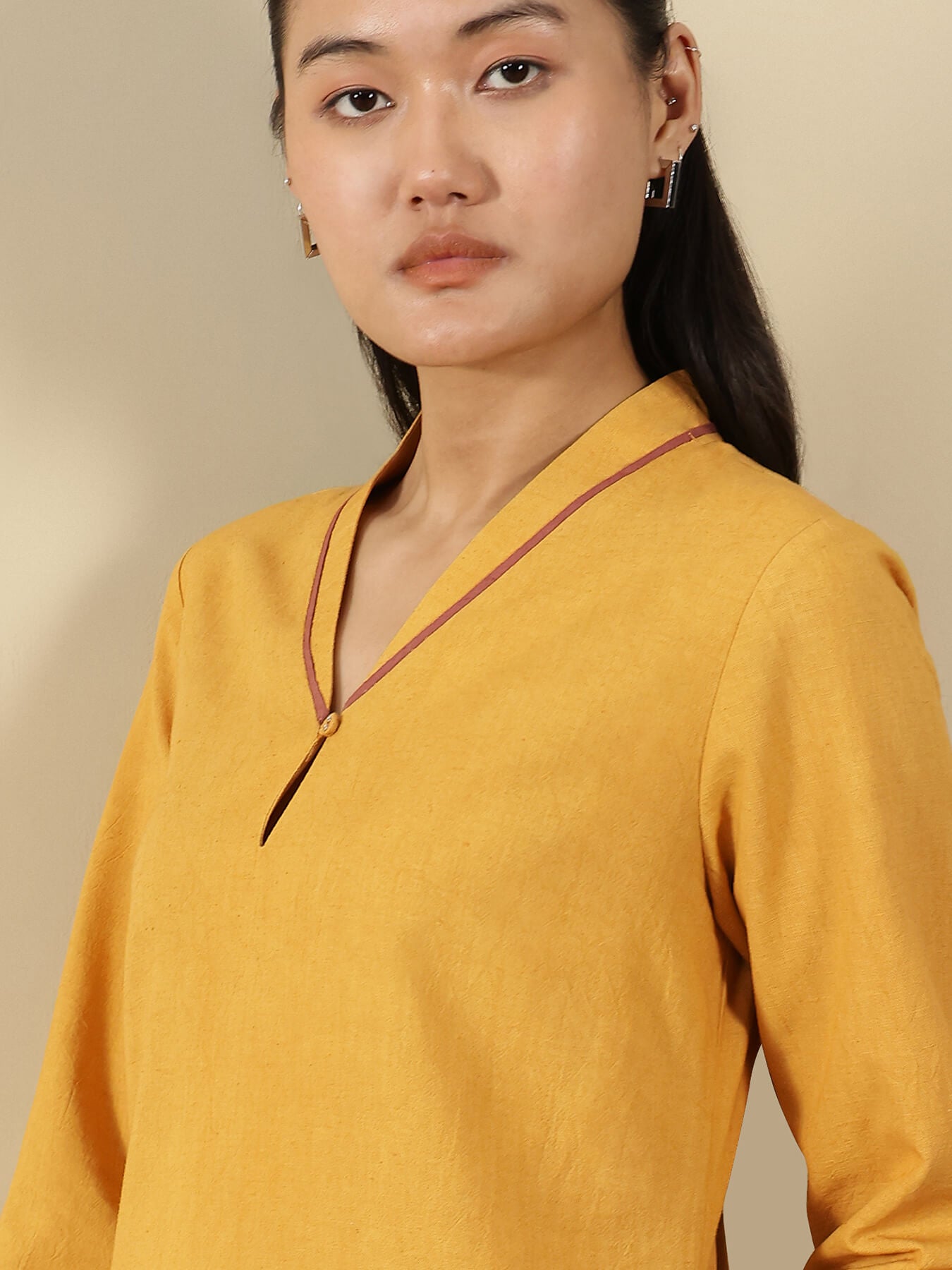 Linen Blend Solid A-Line Kurta Set - Yellow