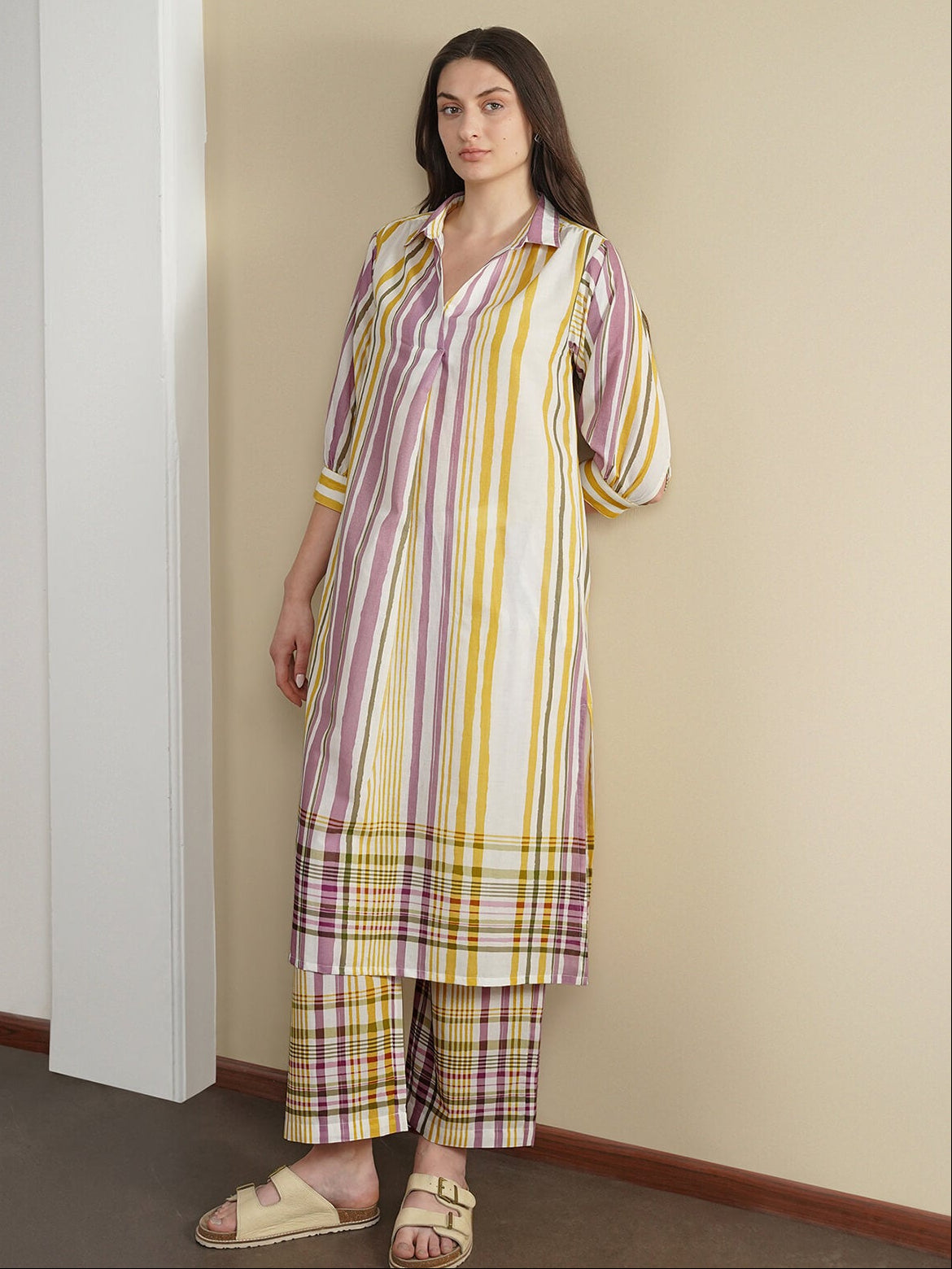 Cotton Striped Shirt Collar Kurta Set - Off White