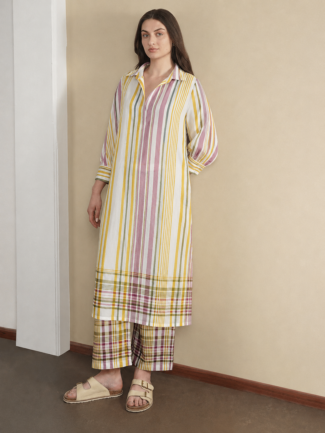Cotton Striped Shirt Collar Kurta Set - Off White