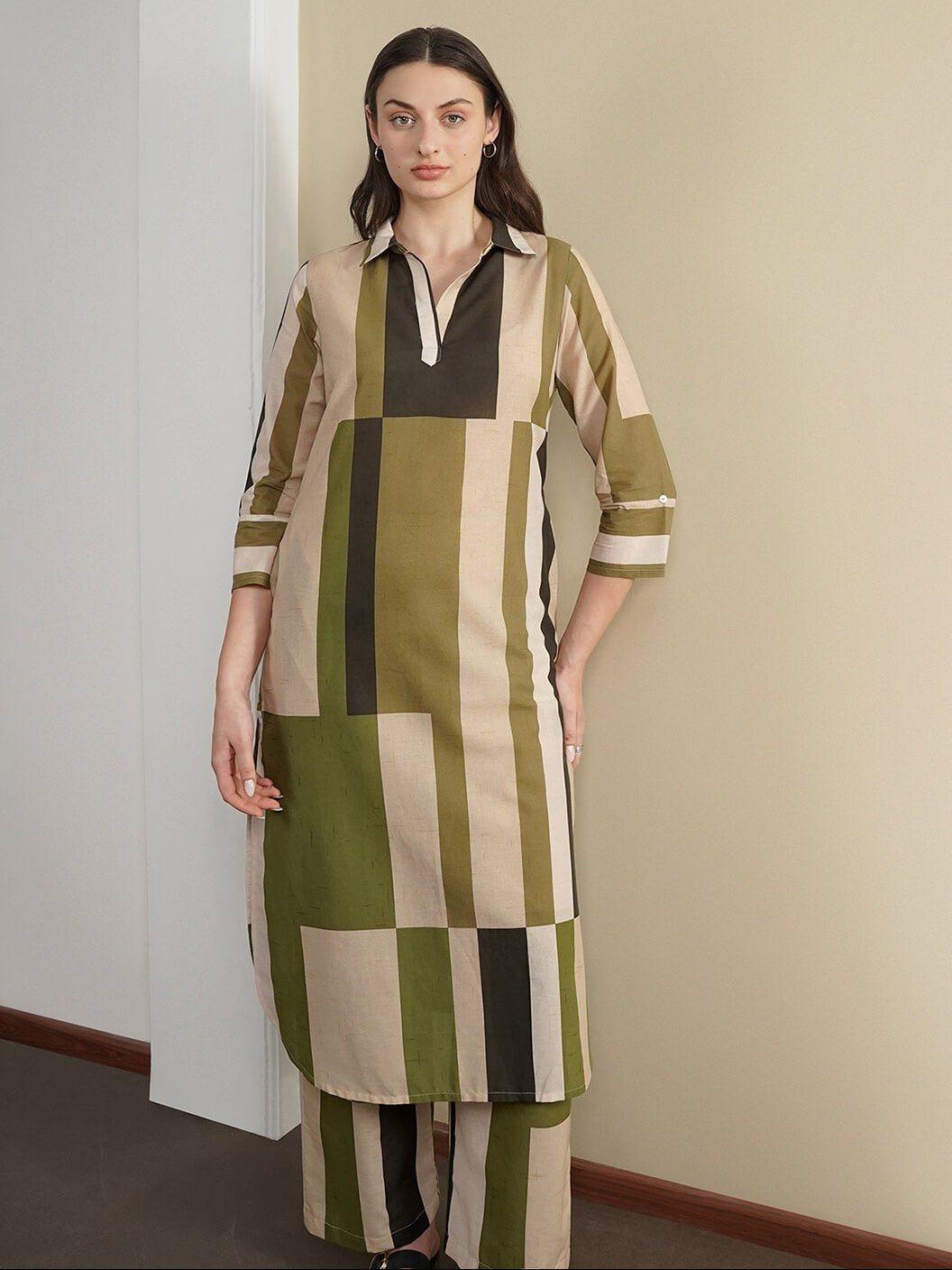 Cotton Striped Shirt Collar Kurta Set - Green