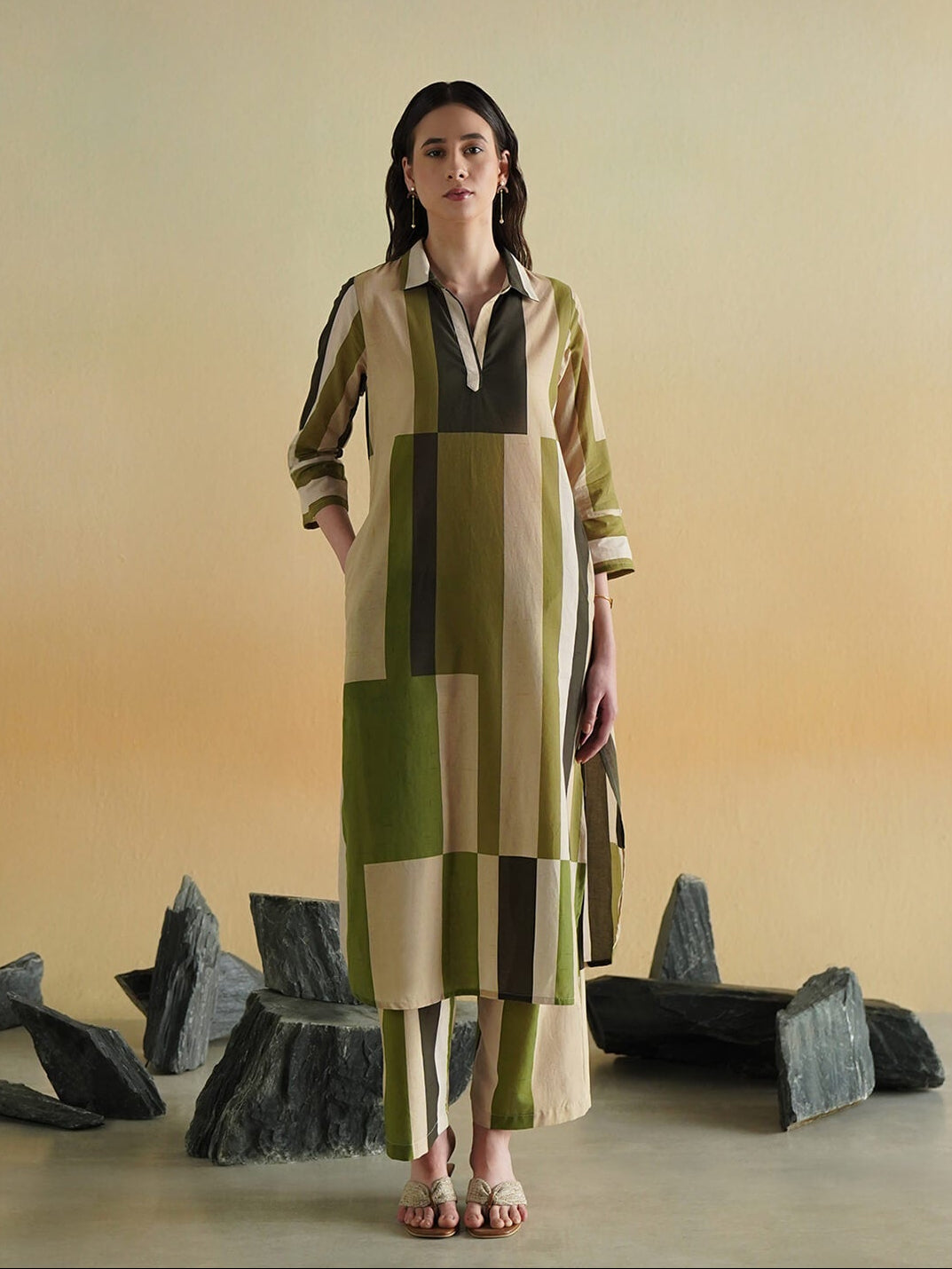 Cotton Striped Shirt Collar Kurta Set - Green