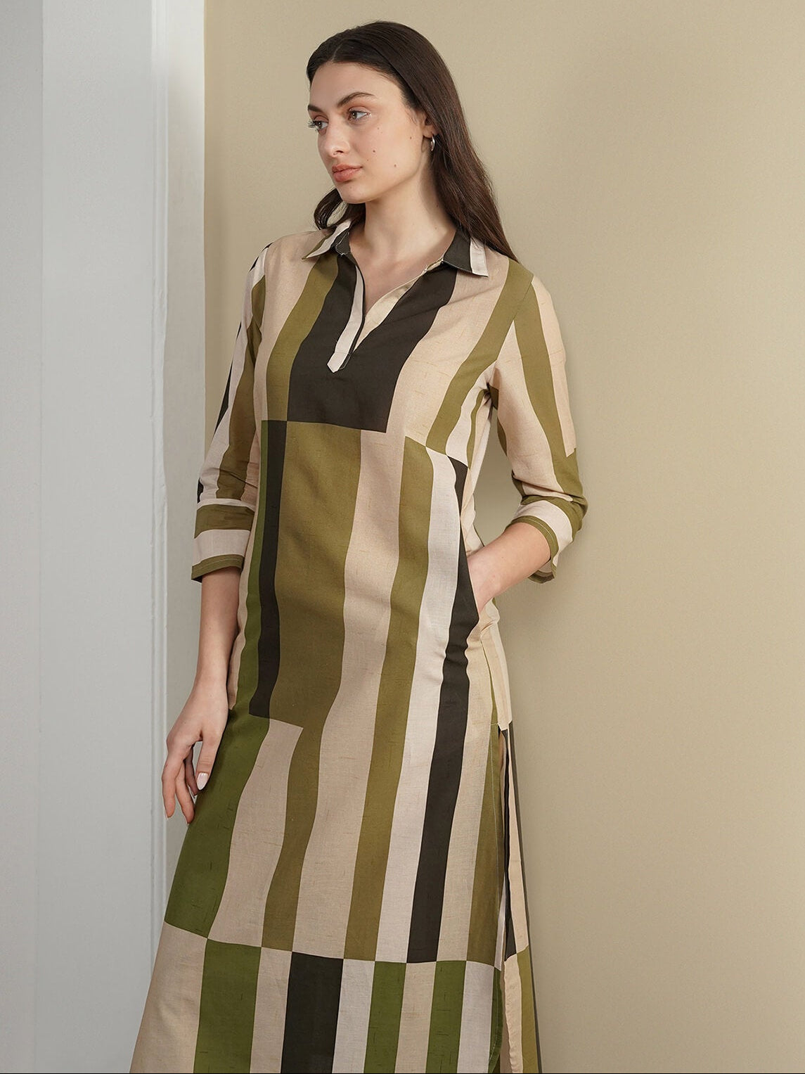 Cotton Striped Shirt Collar Kurta Set - Green