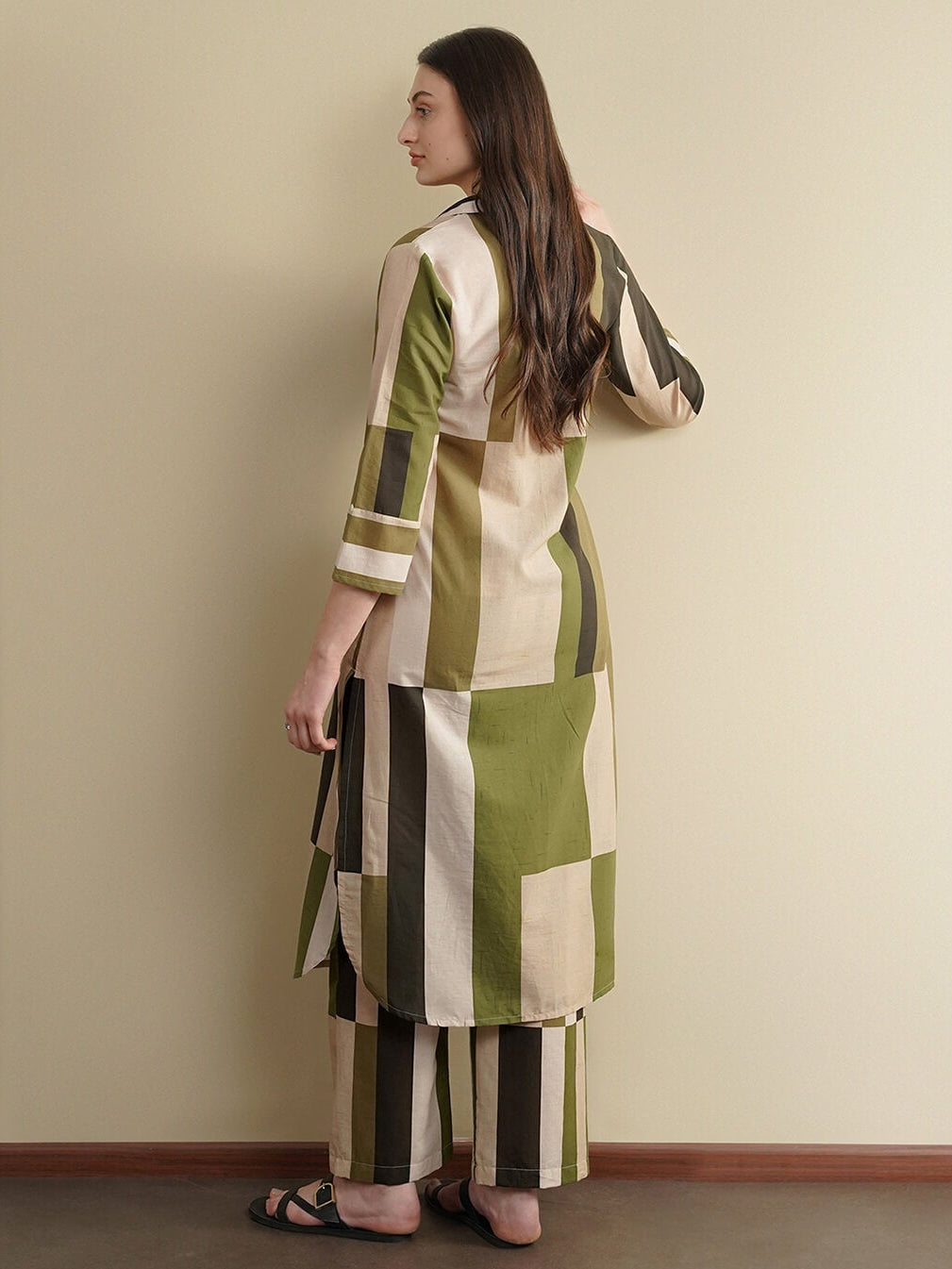Cotton Striped Shirt Collar Kurta Set - Green