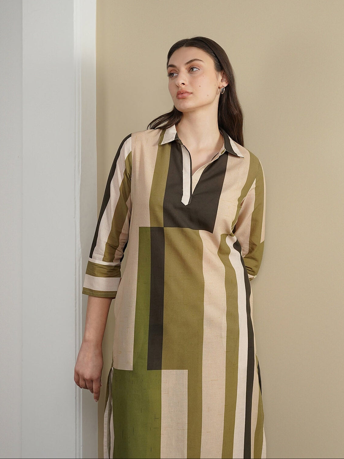 Cotton Striped Shirt Collar Kurta Set - Green