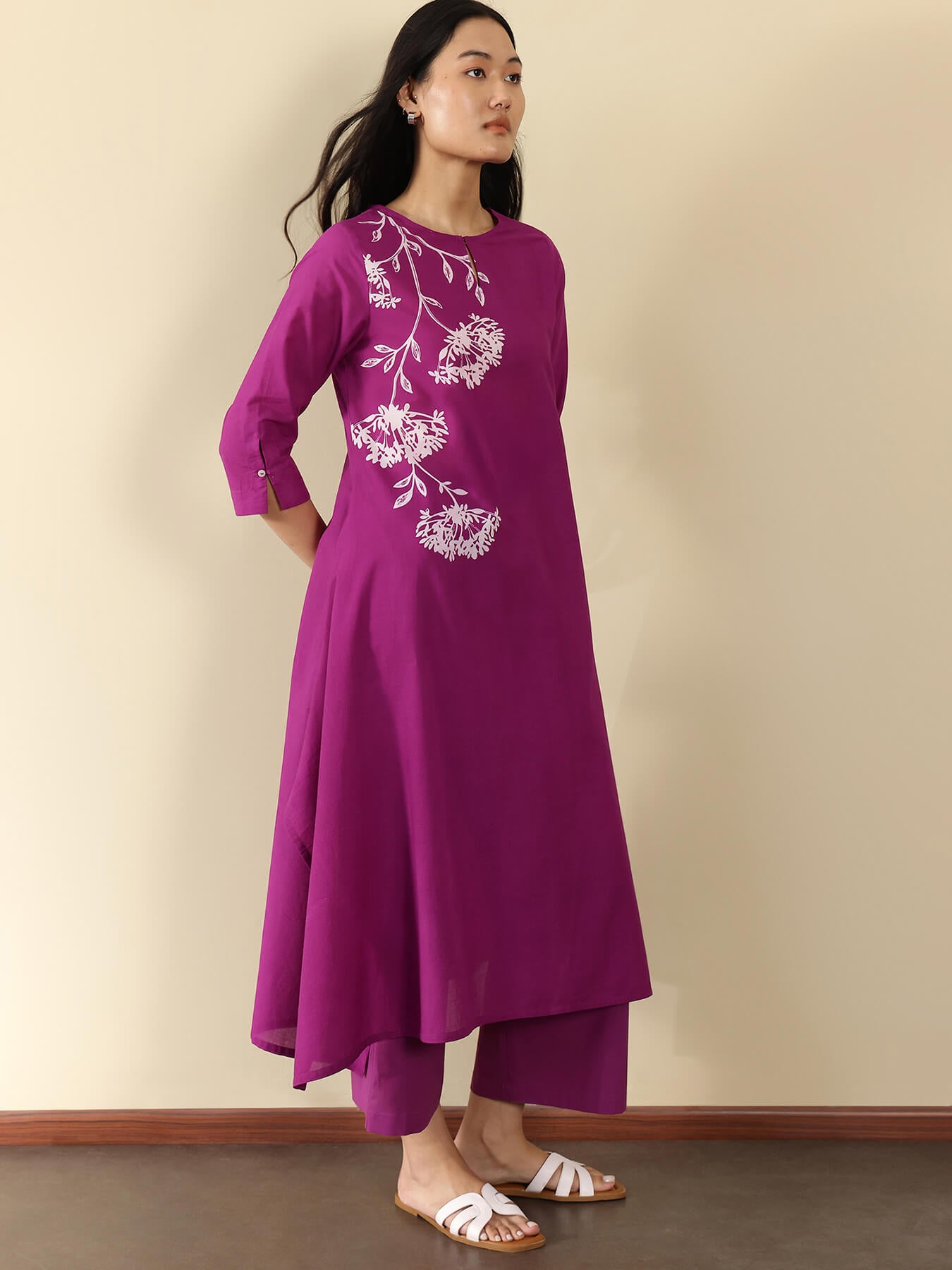 Cotton Floral Round Neck Kurta Set - Purple