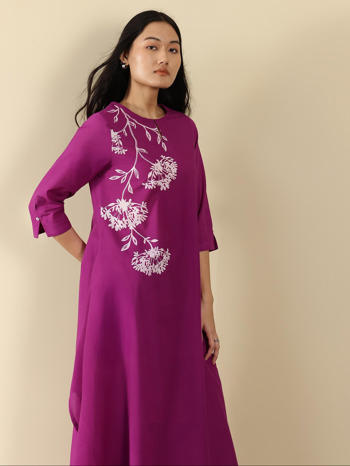 Cotton Floral Round Neck Kurta Set - Purple