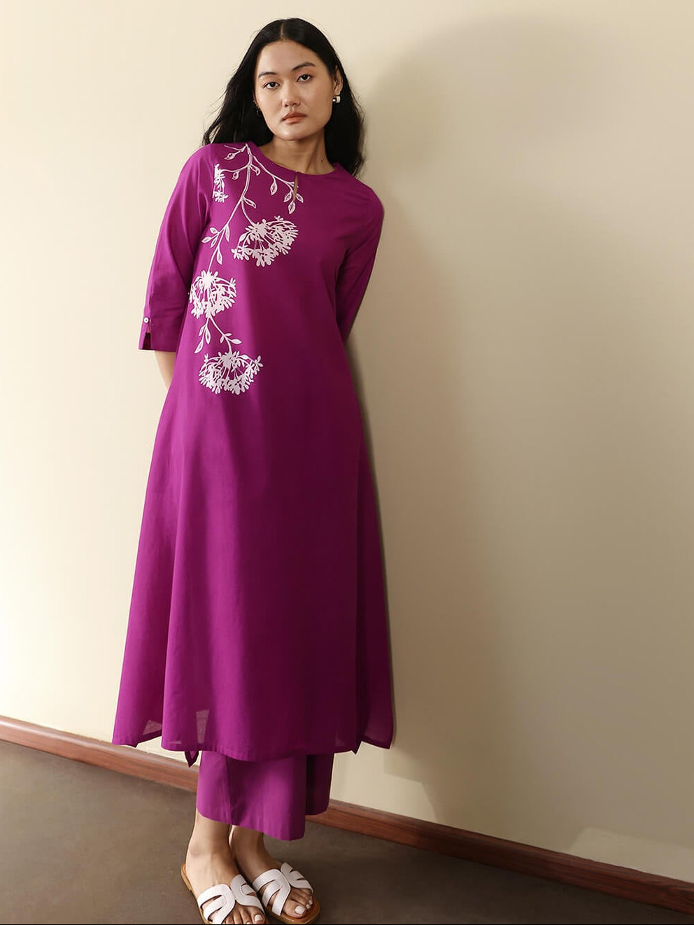 Cotton Floral Round Neck Kurta Set - Purple