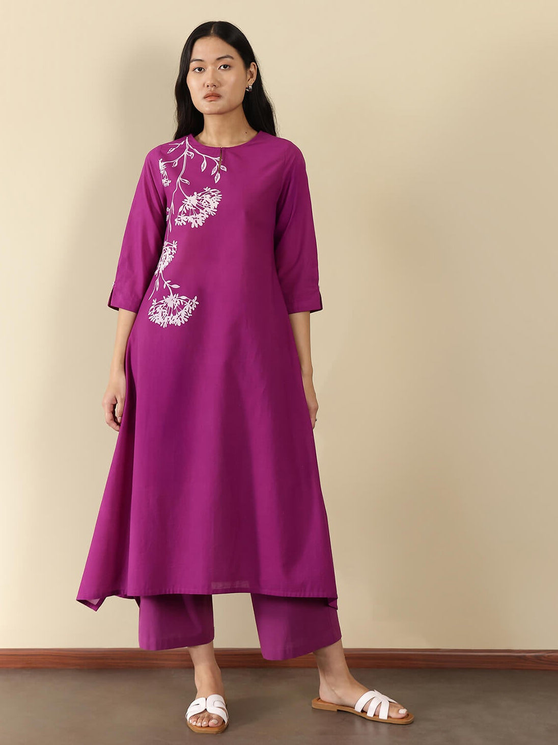 Cotton Floral Round Neck Kurta Set - Purple