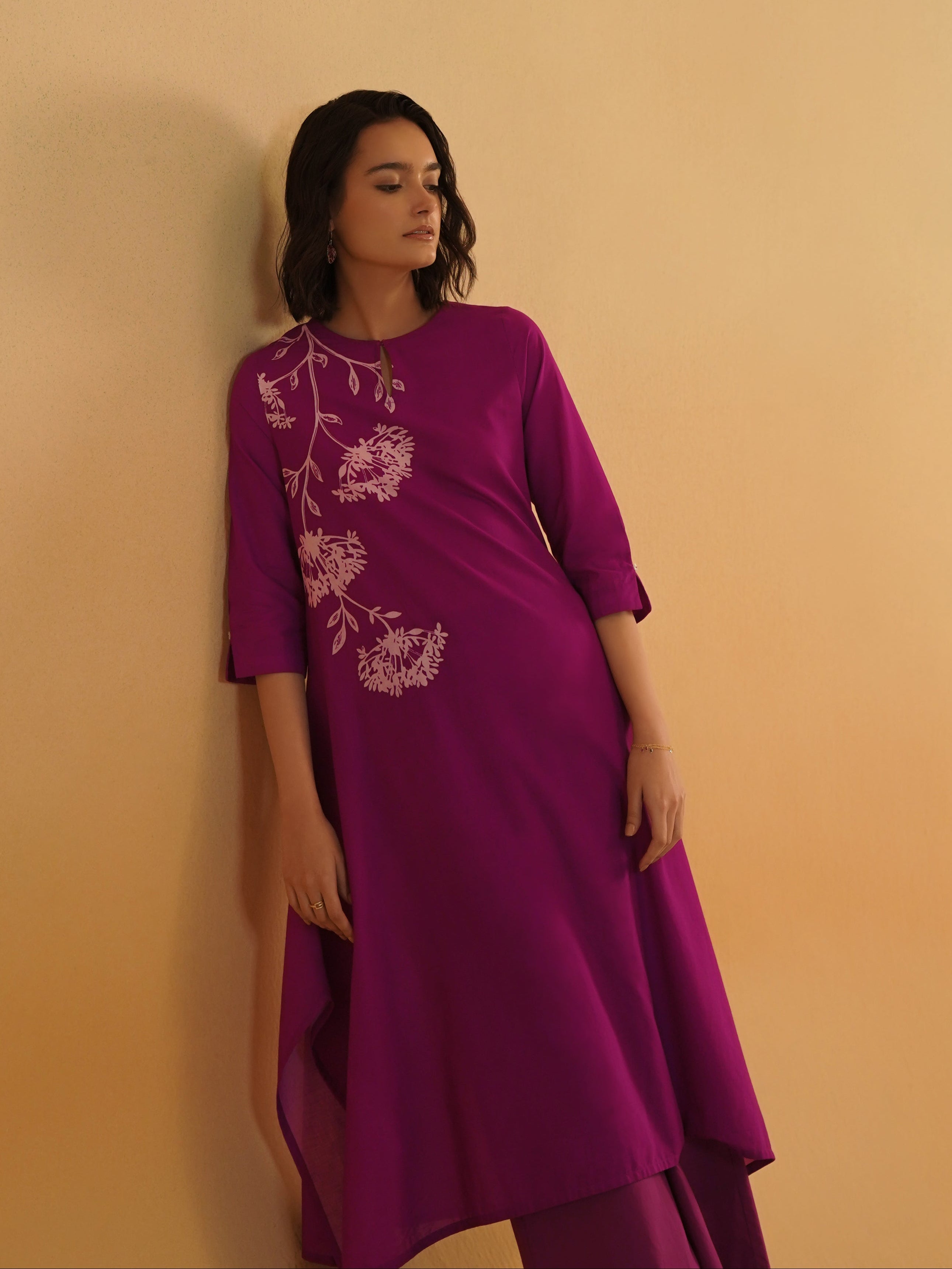 Cotton Floral Round Neck Kurta Set - Purple