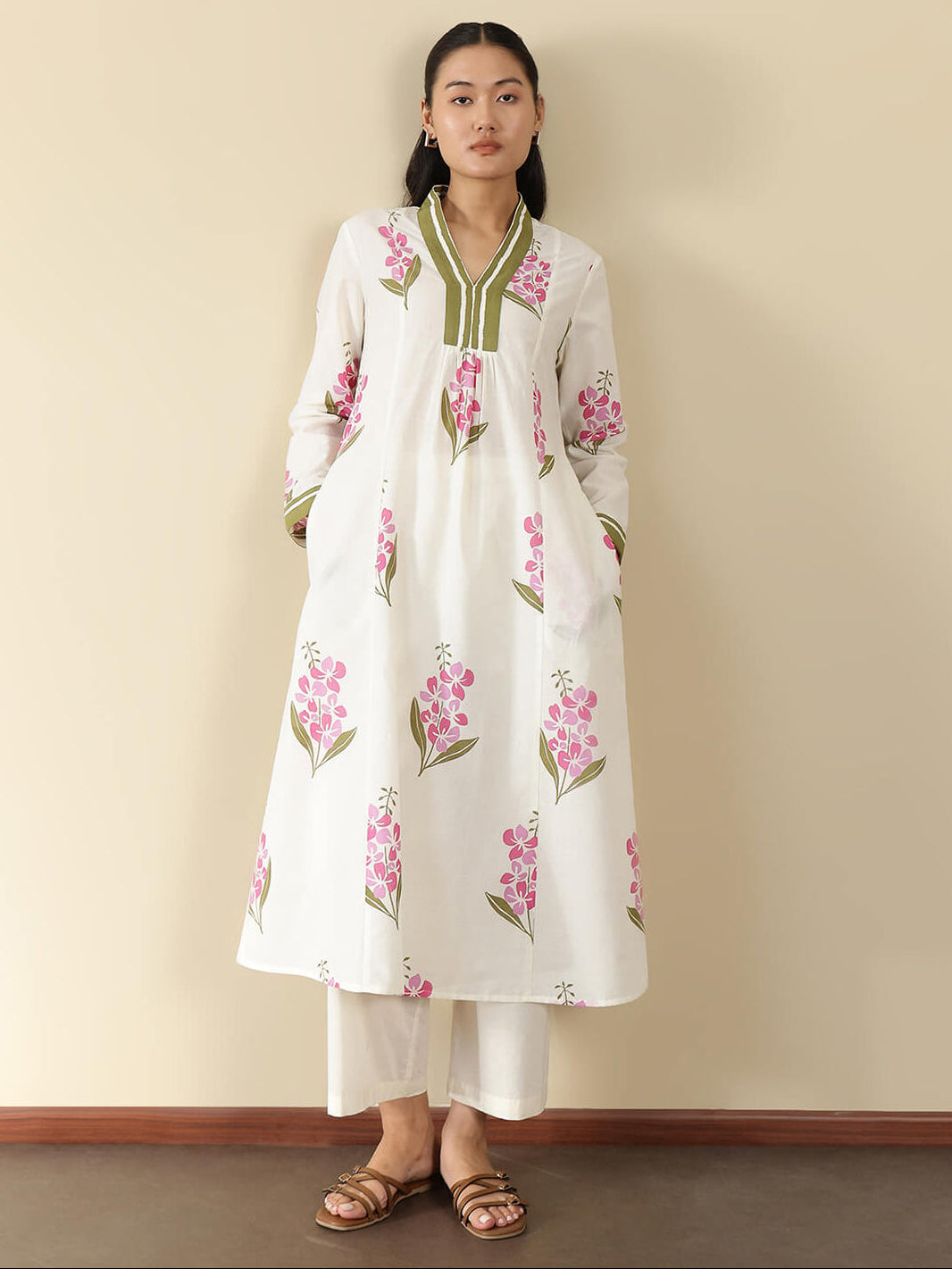 Cotton Floral A-Line Kurta Set - Off White
