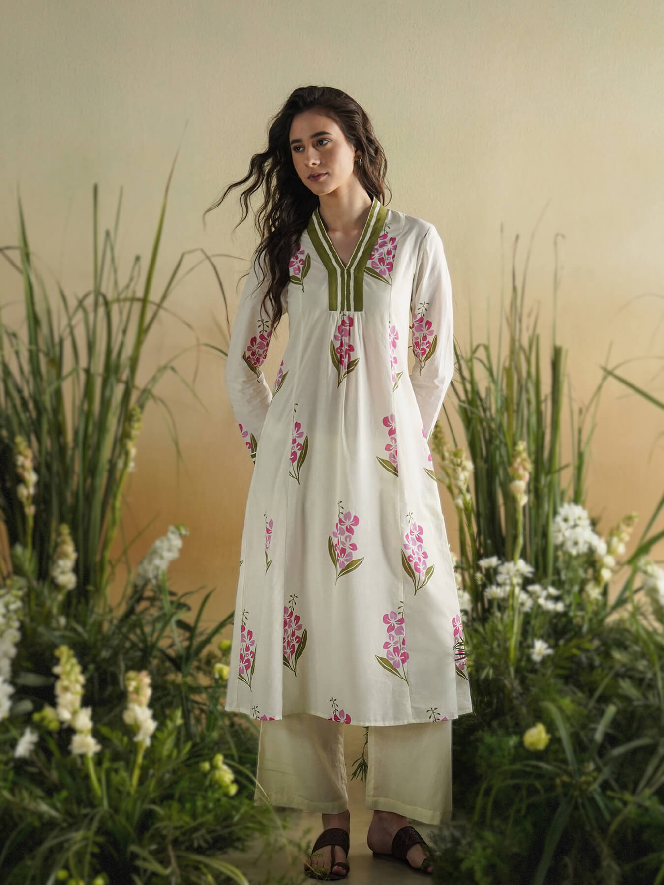 Cotton Floral A-Line Kurta Set - Off White