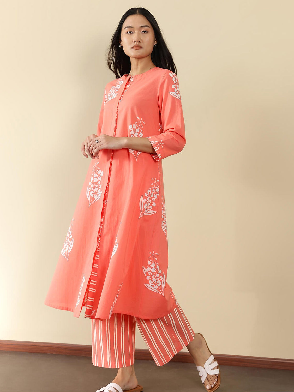 Cotton Floral Kurta Set - Peach