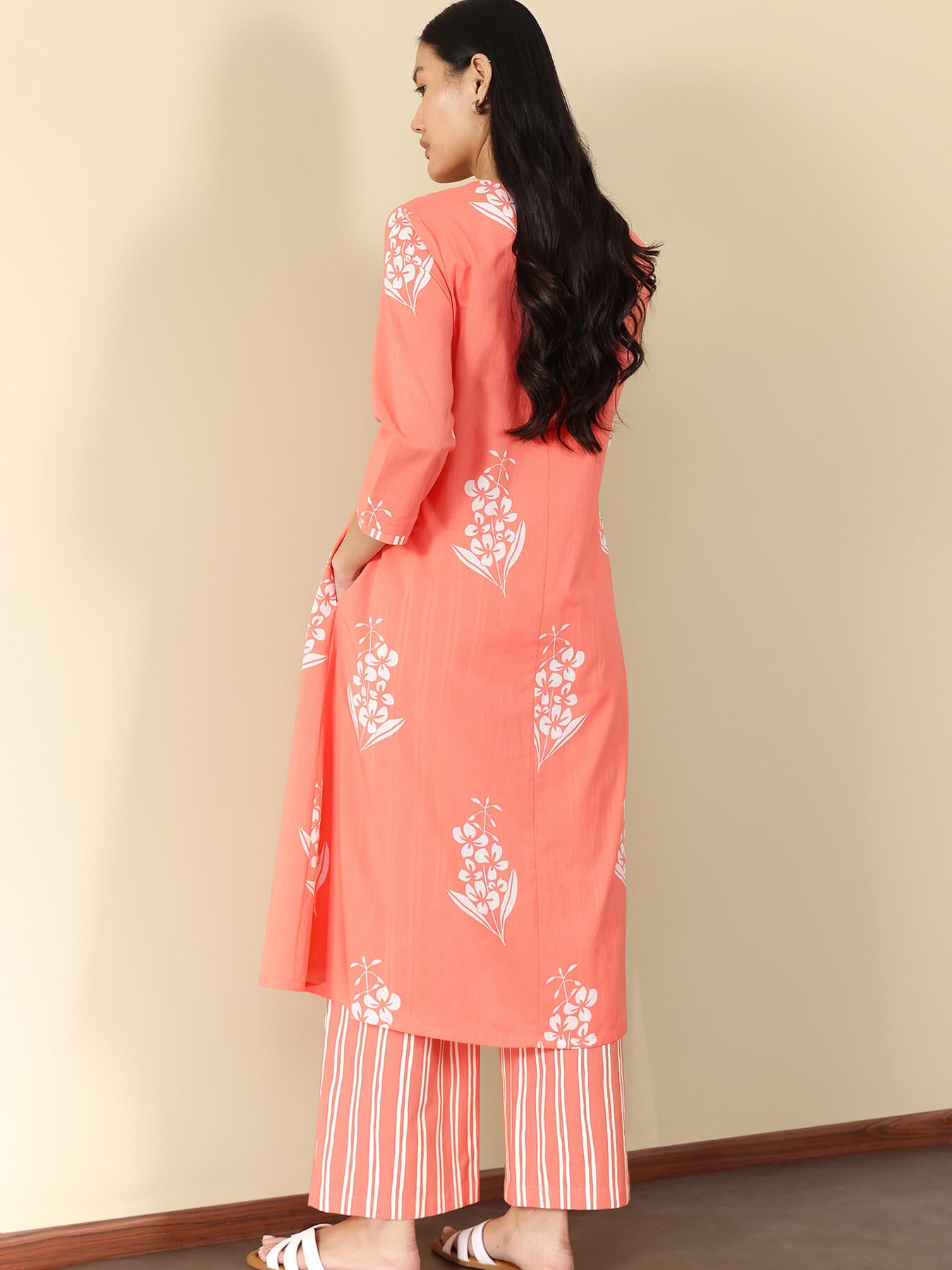 Cotton Floral Kurta Set - Peach