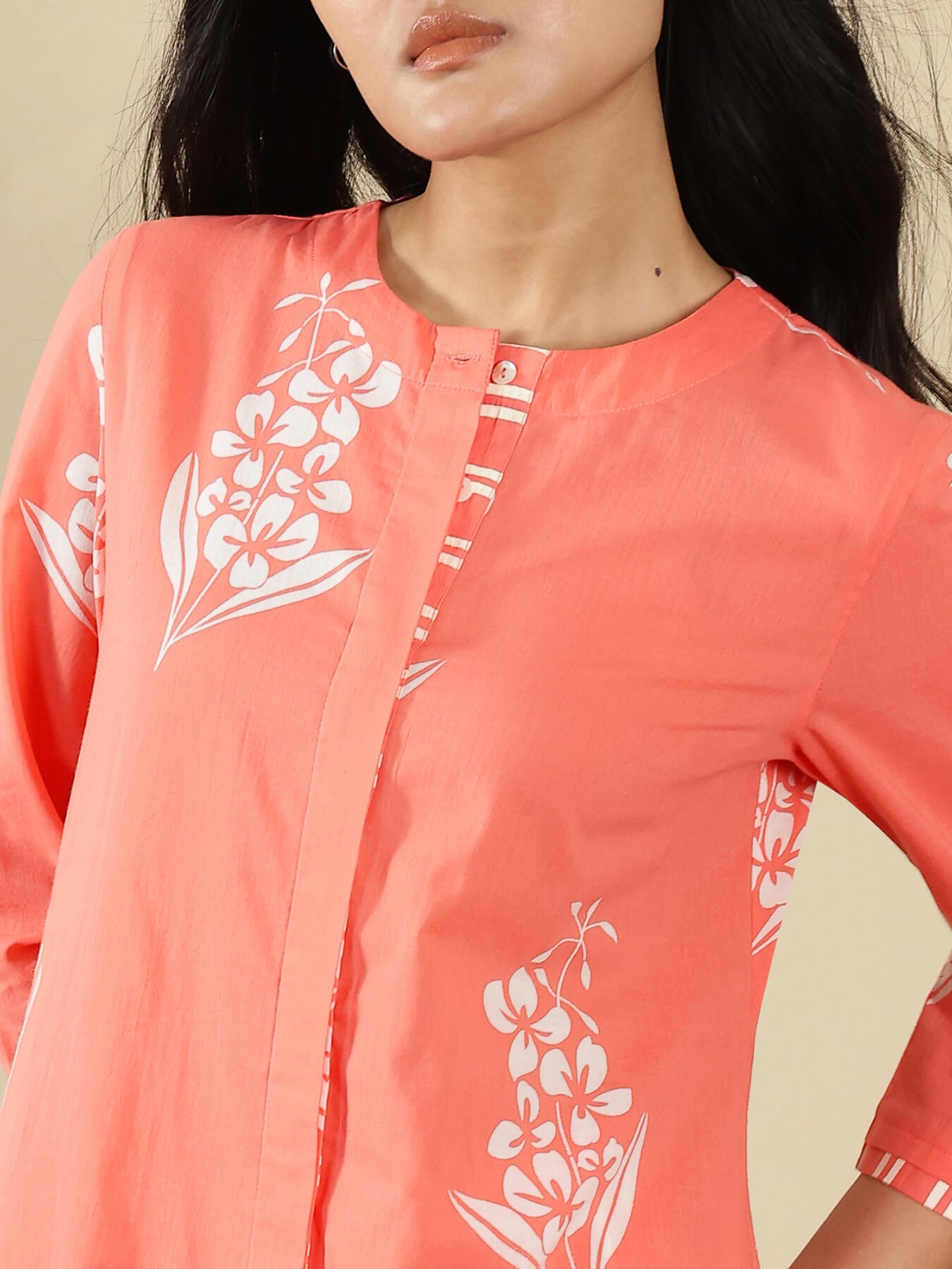 Cotton Floral Kurta Set - Peach