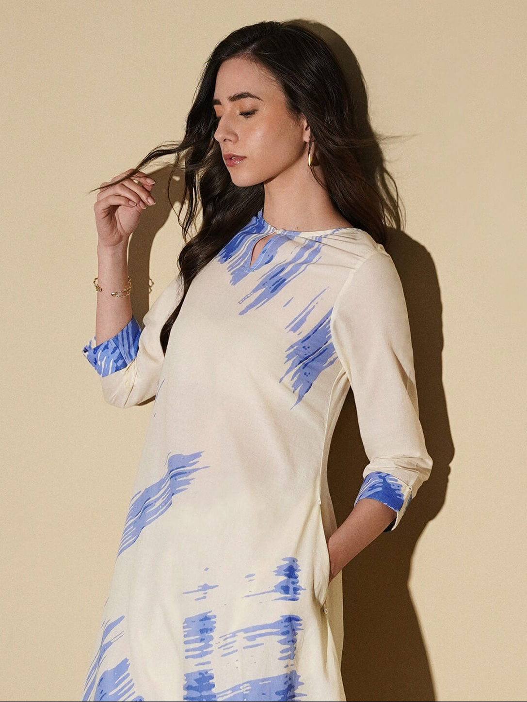 Cotton Abstract A-Line Kurta Set - Off White