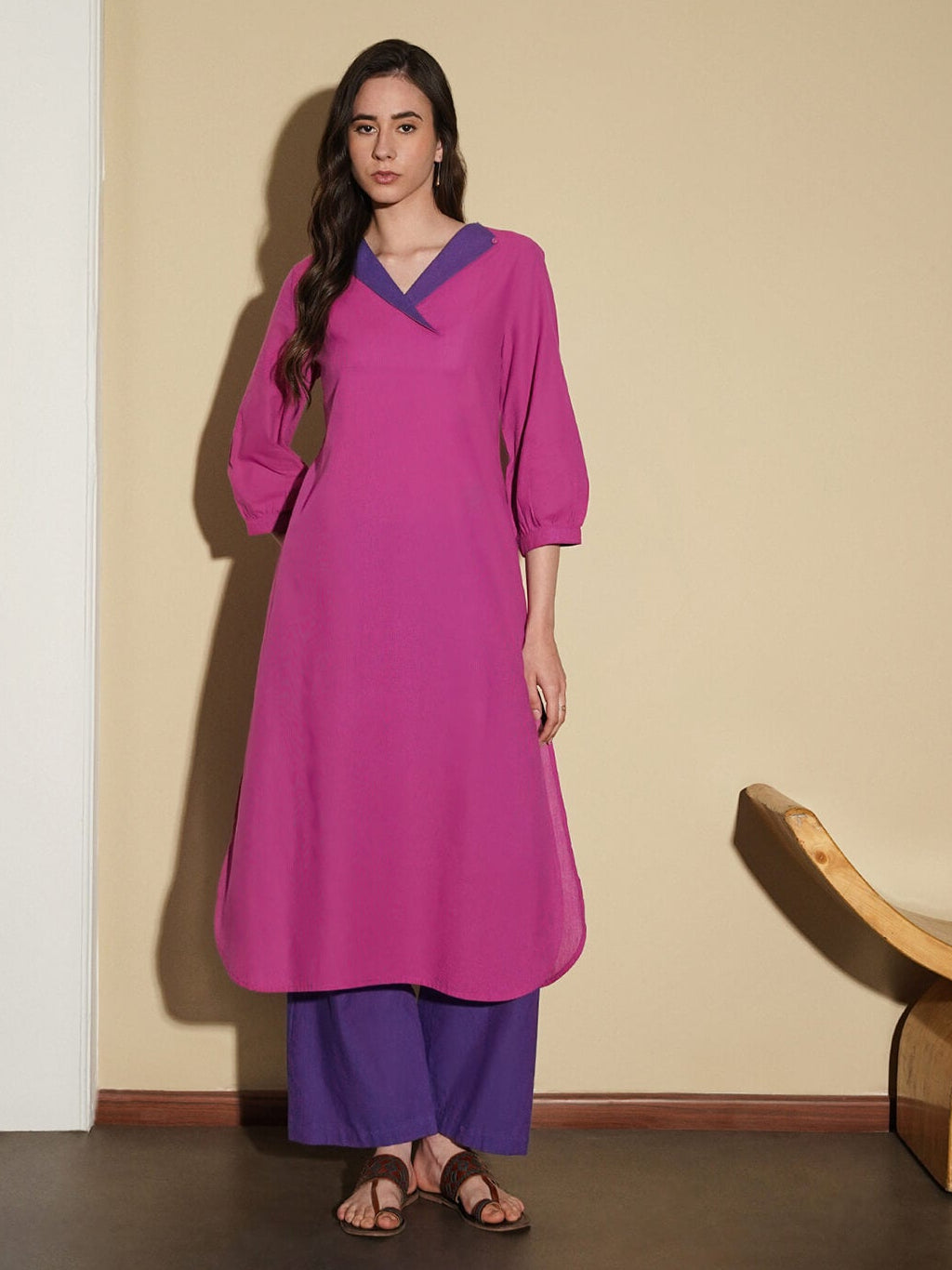 Cotton Colourblock Straight Kurta Set - Pink and Purple