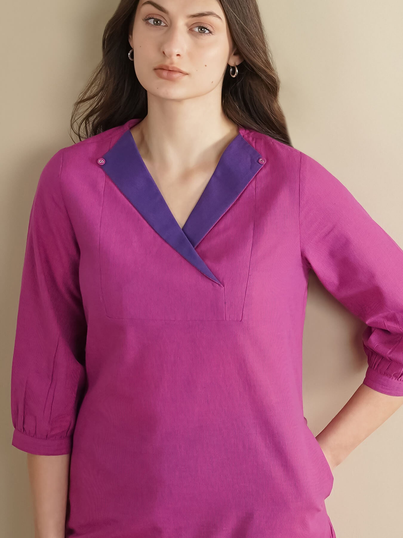 Cotton Colourblock Straight Kurta Set - Pink and Purple