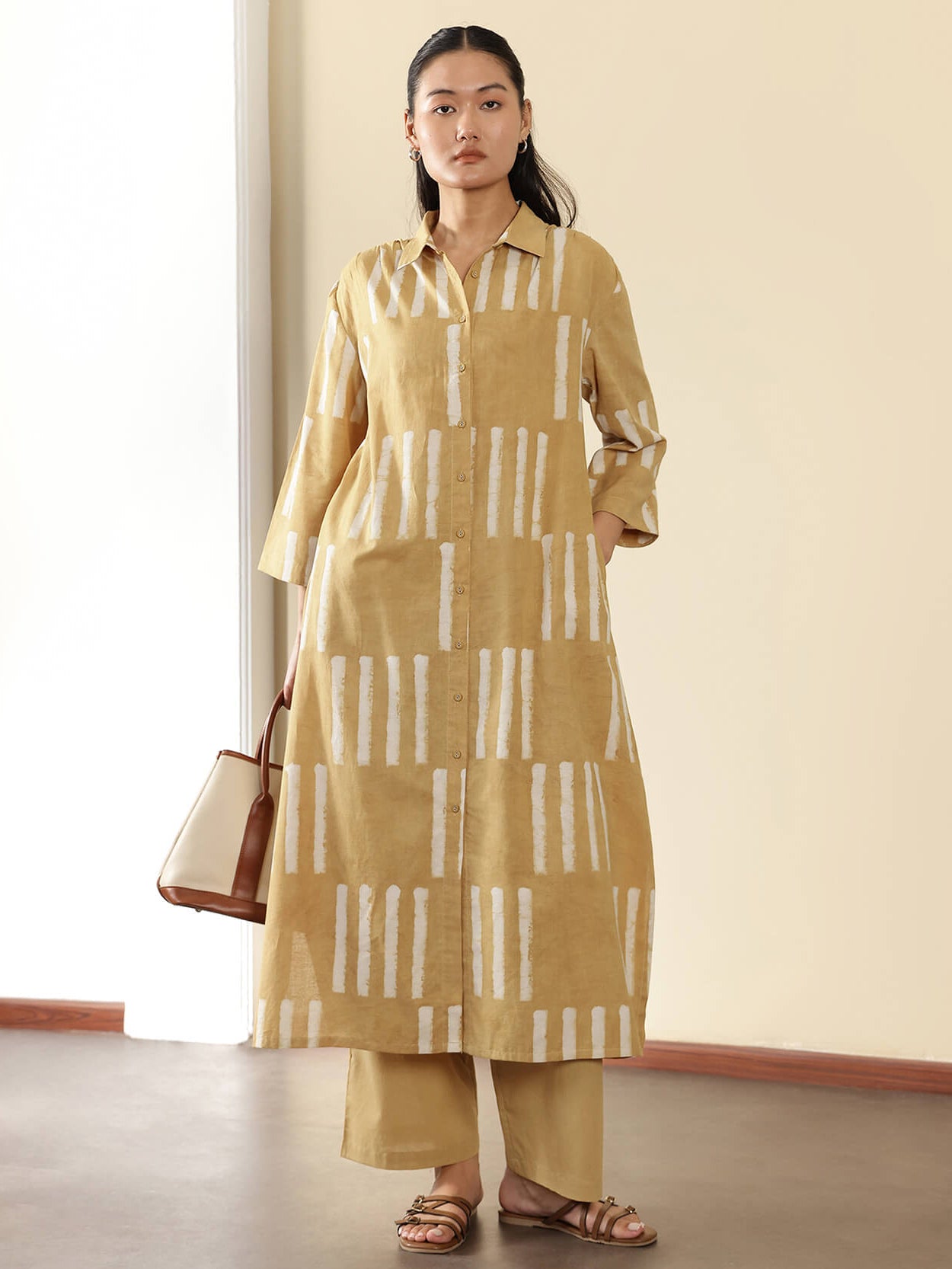 Cotton Geometric Shirt Collar Kurta Set - Mustard