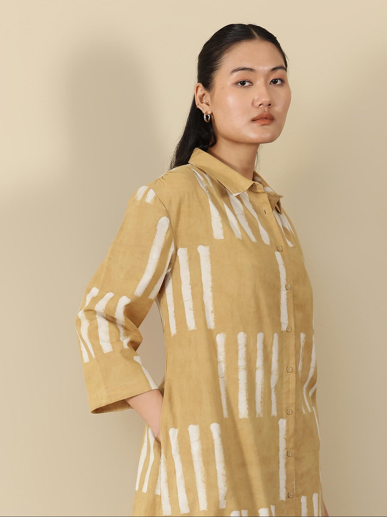 Cotton Geometric Shirt Collar Kurta Set - Mustard