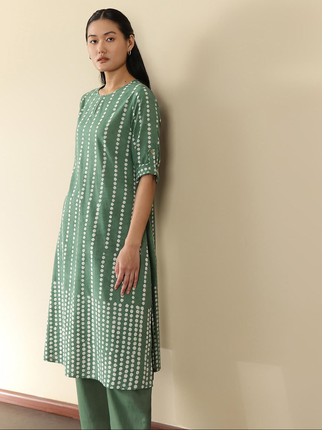 Cotton Dabu Polka Kurta Set - Green